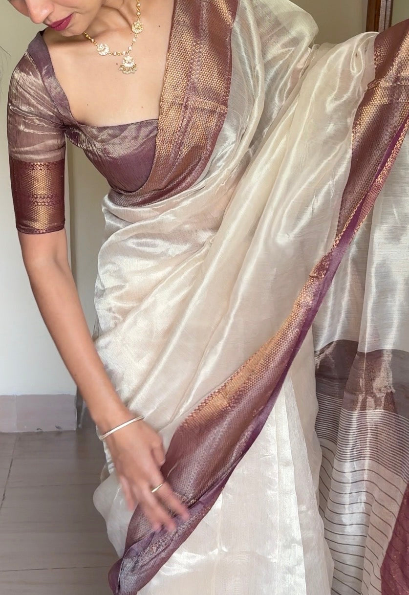 Ready to wear | Cream & Violet Maheshwari tissue silk saree with antique gold zari border