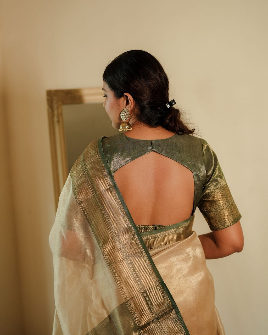 Cream Gold and green Maheshwari tissue silk saree with zari pattern on pallu