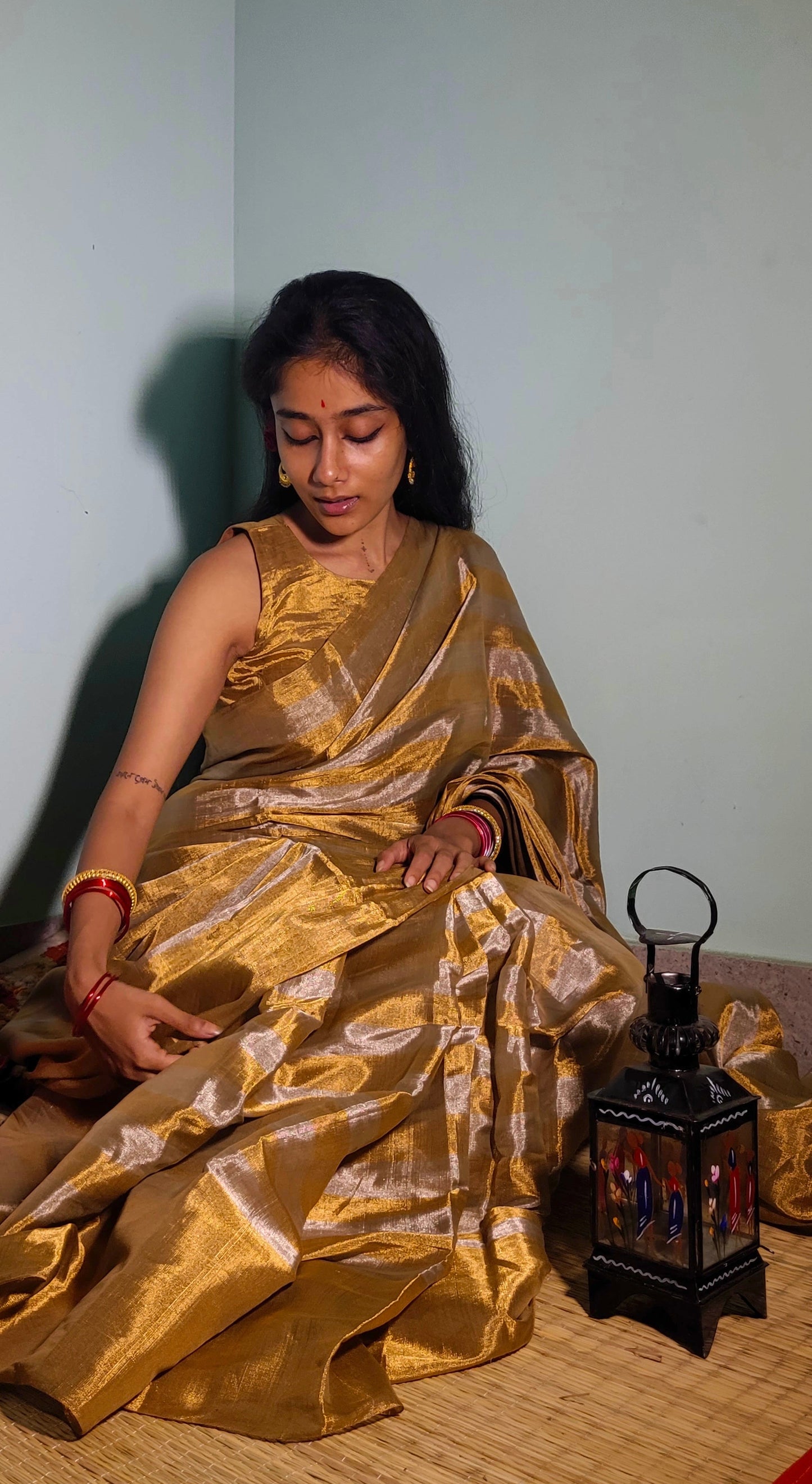 Gold and silver striped chanderi tissue silk saree