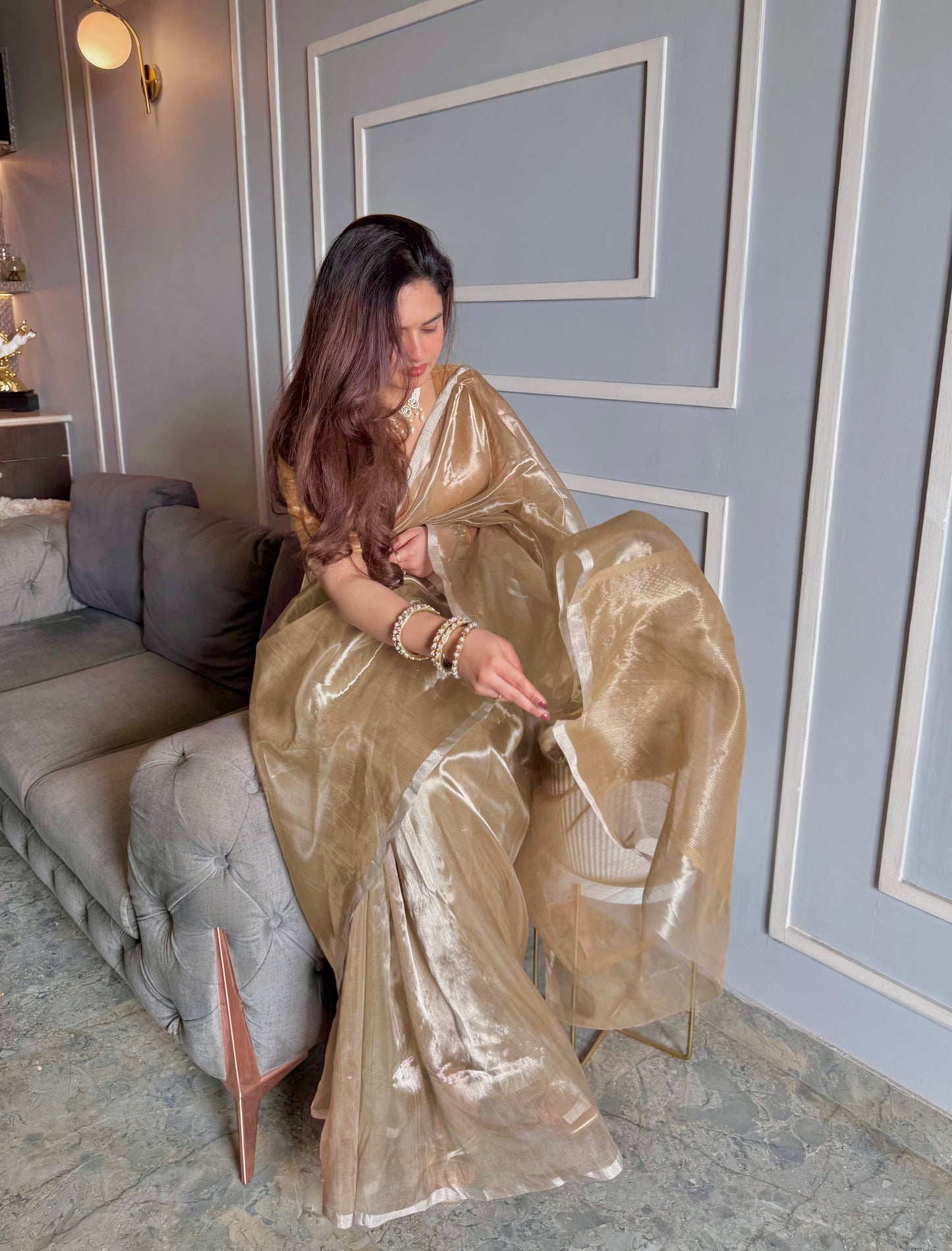 Champagne Chanderi tissue silk saree with silver zari border