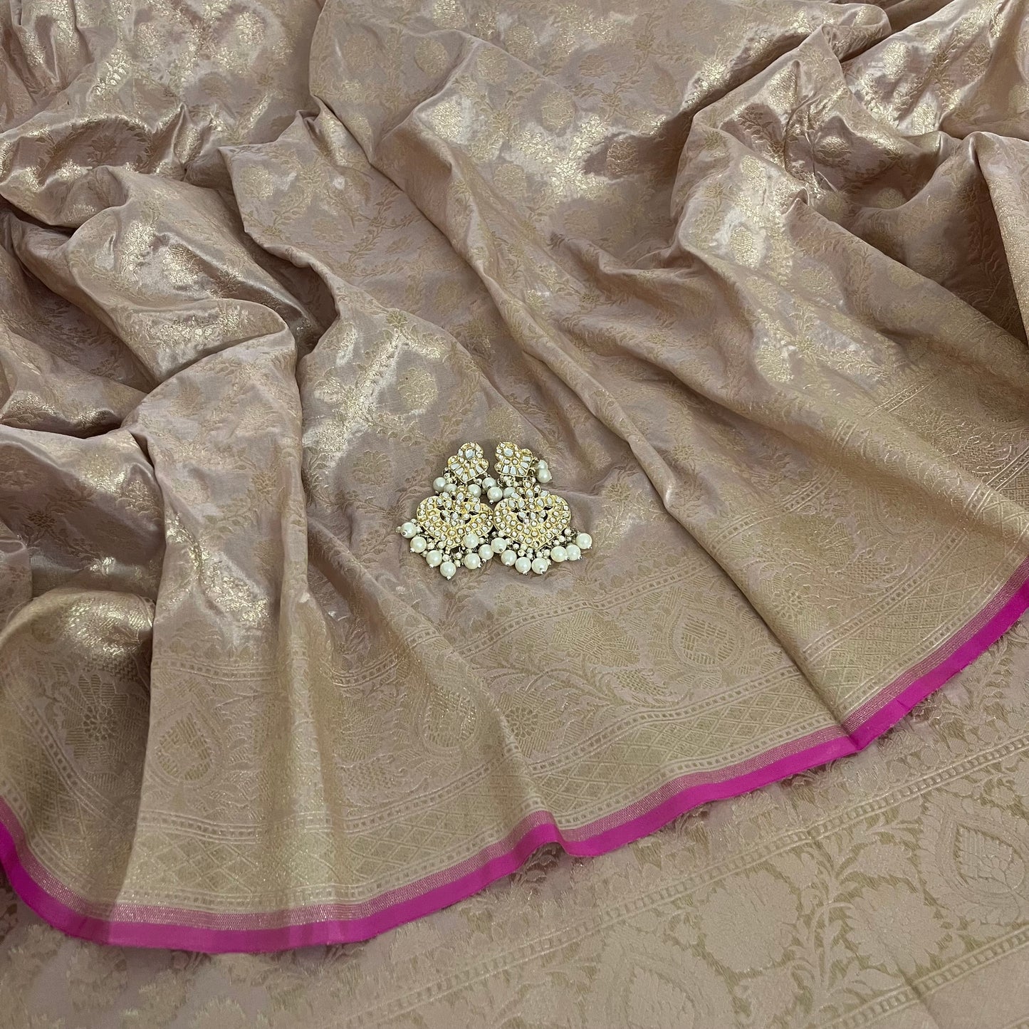 Sand and pink Banarasi katan silk saree with zari jaal work all over