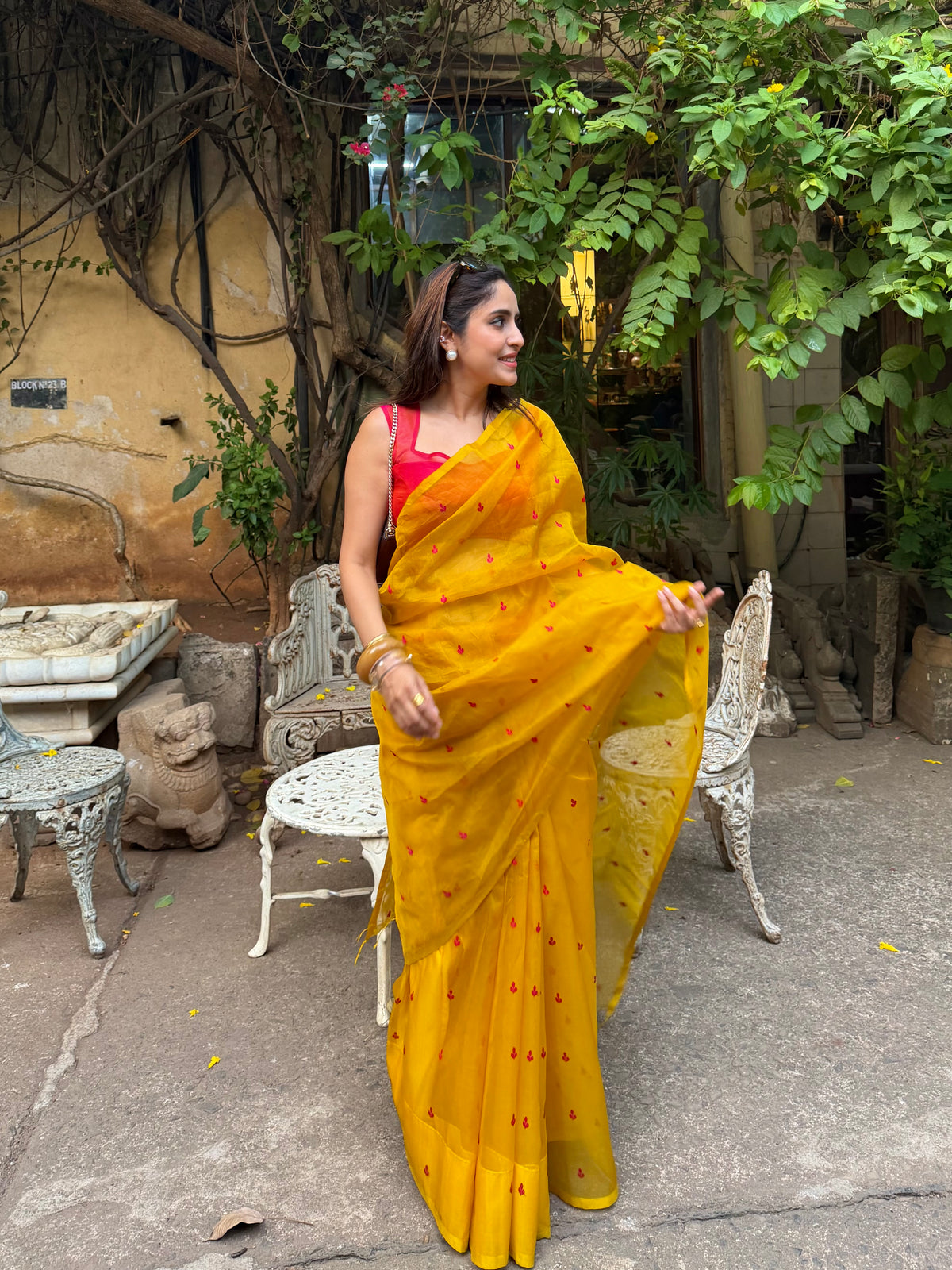 Mustard and pink Chanderi silk saree with resham bootis all over