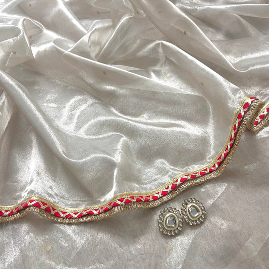 Off white and red Chanderi tissue silk saree with zari bootis all over