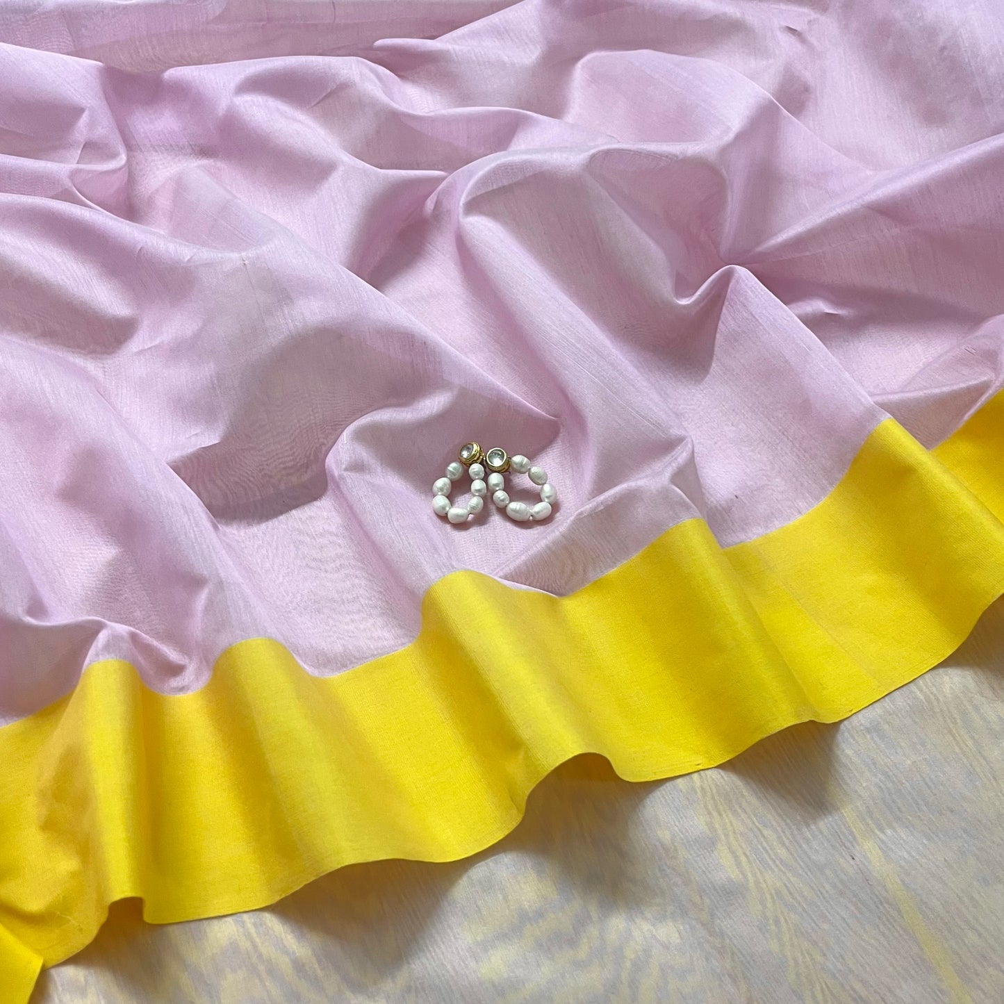 Pink and lemon Chanderi saree with zari lines on pallu