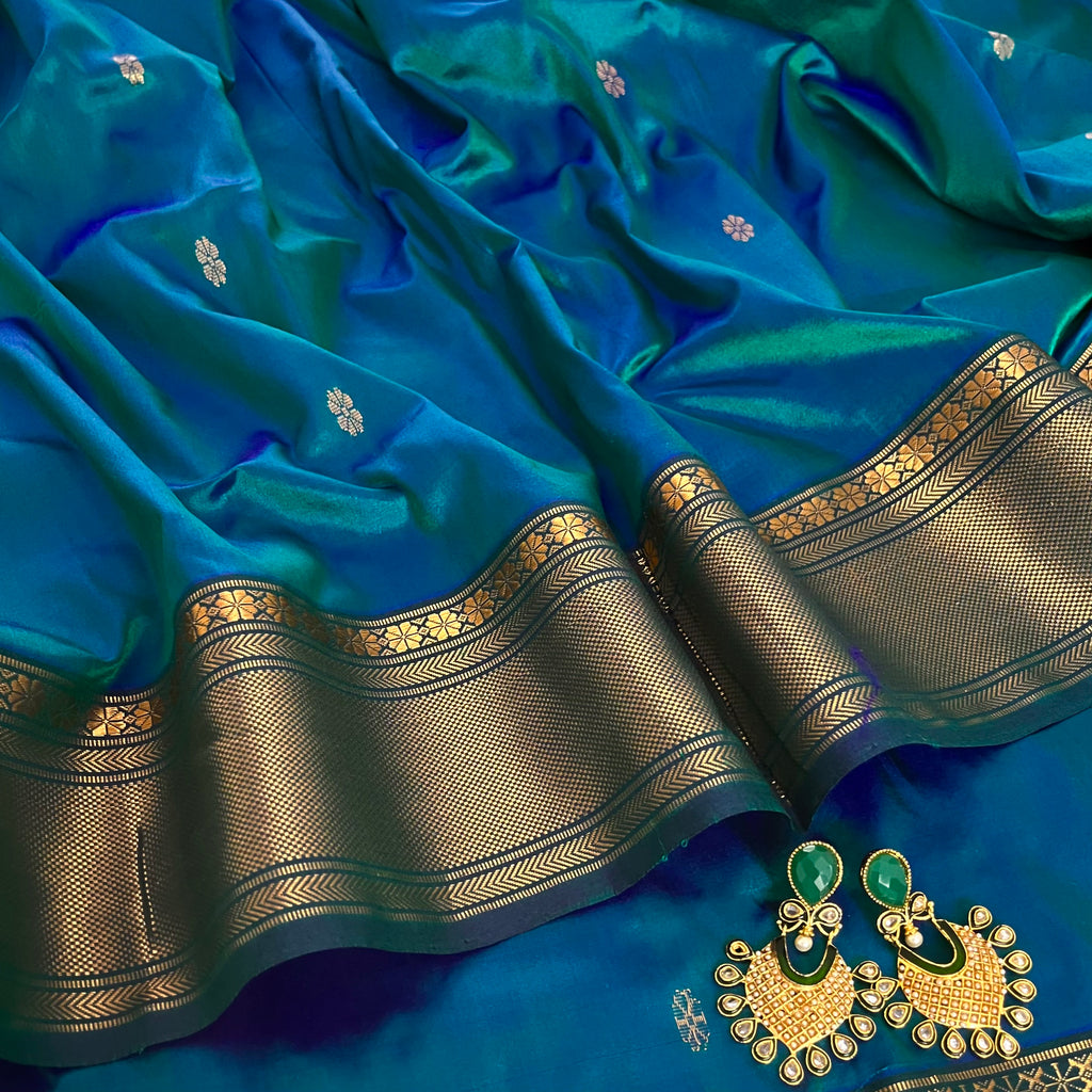 Peacock Blue Dual Tone Maheshwari Silk Saree with Flower Bootis all over