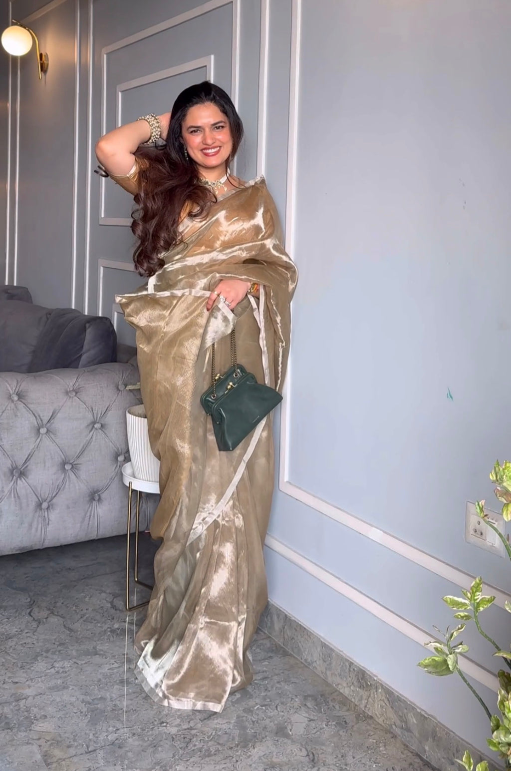 Champagne Chanderi tissue silk saree with silver zari border