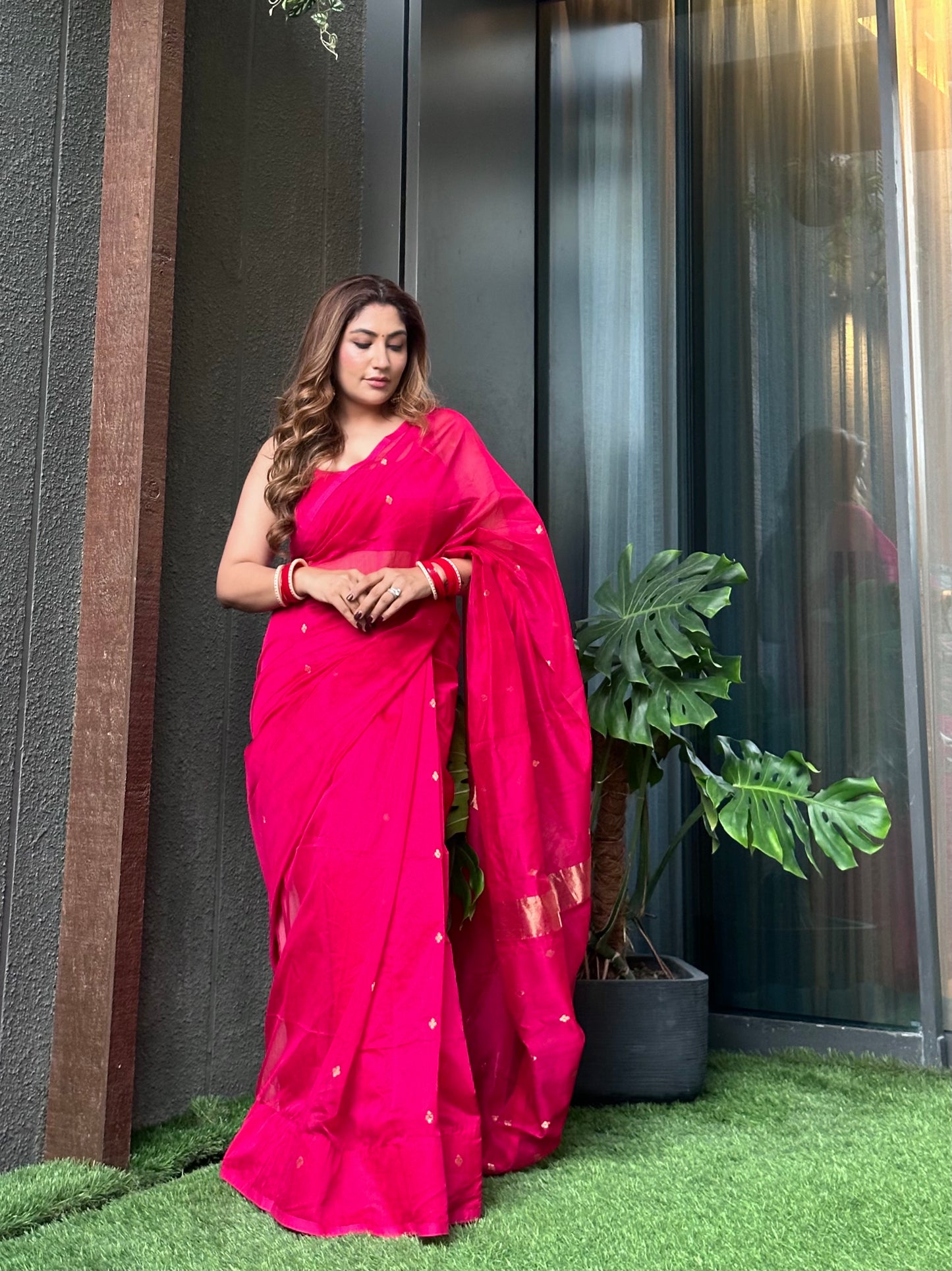 Pink maheshwari saree with zari bootis all over