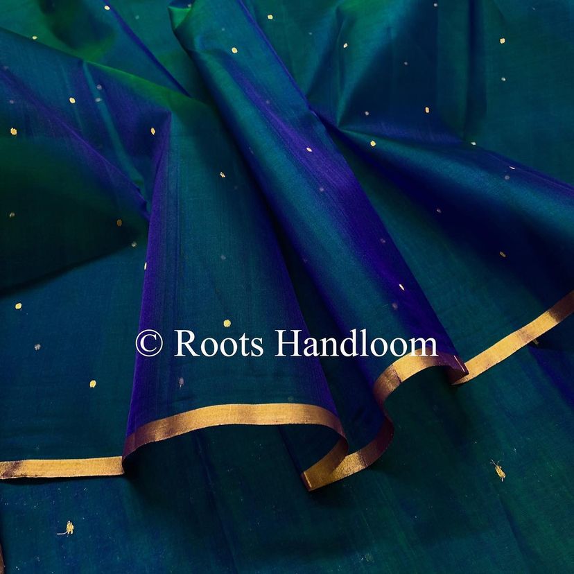 Peacock blue and green dual tone Chanderi organza silk saree with zari bootis all over