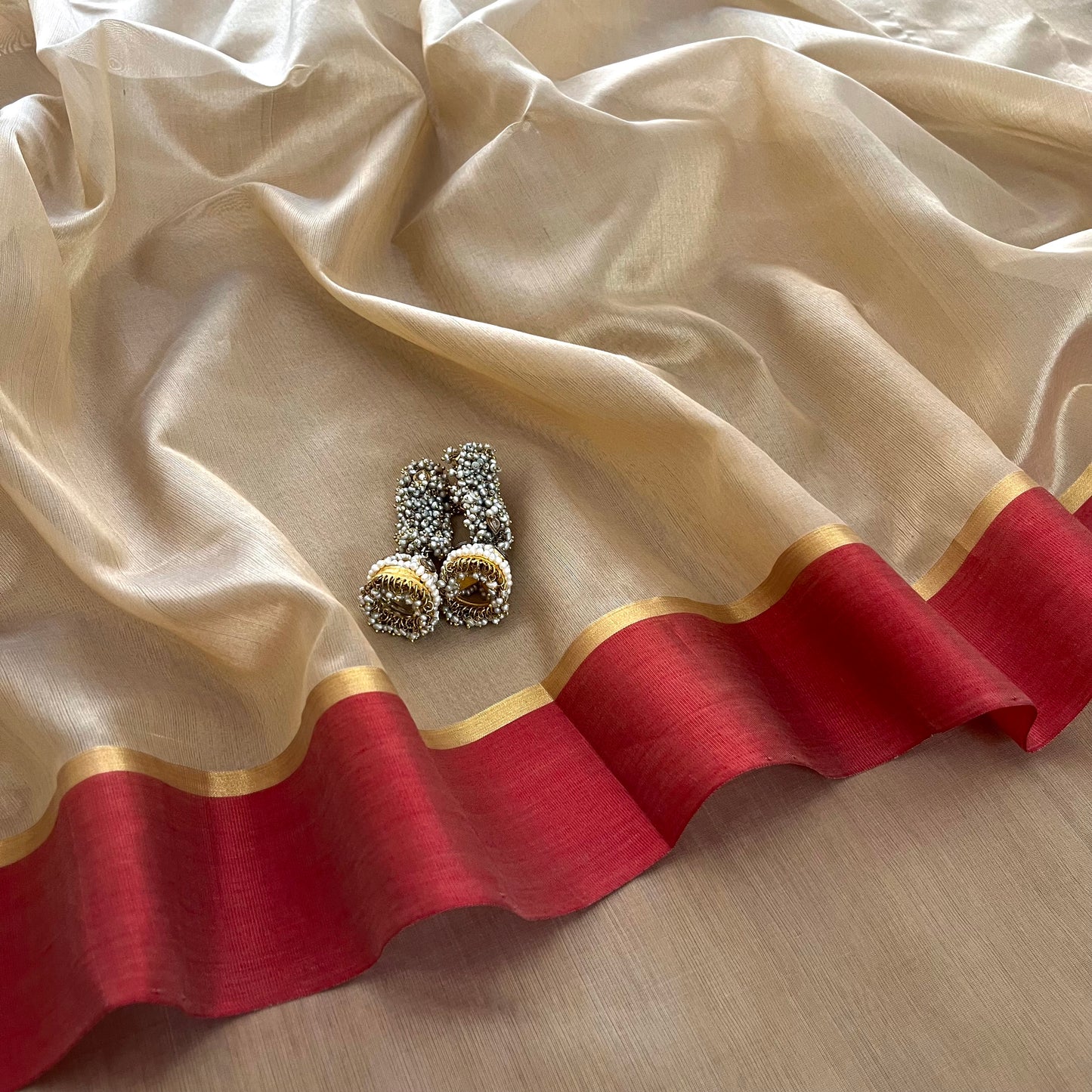 Beige & Red Chanderi silk saree with zari lines on pallu