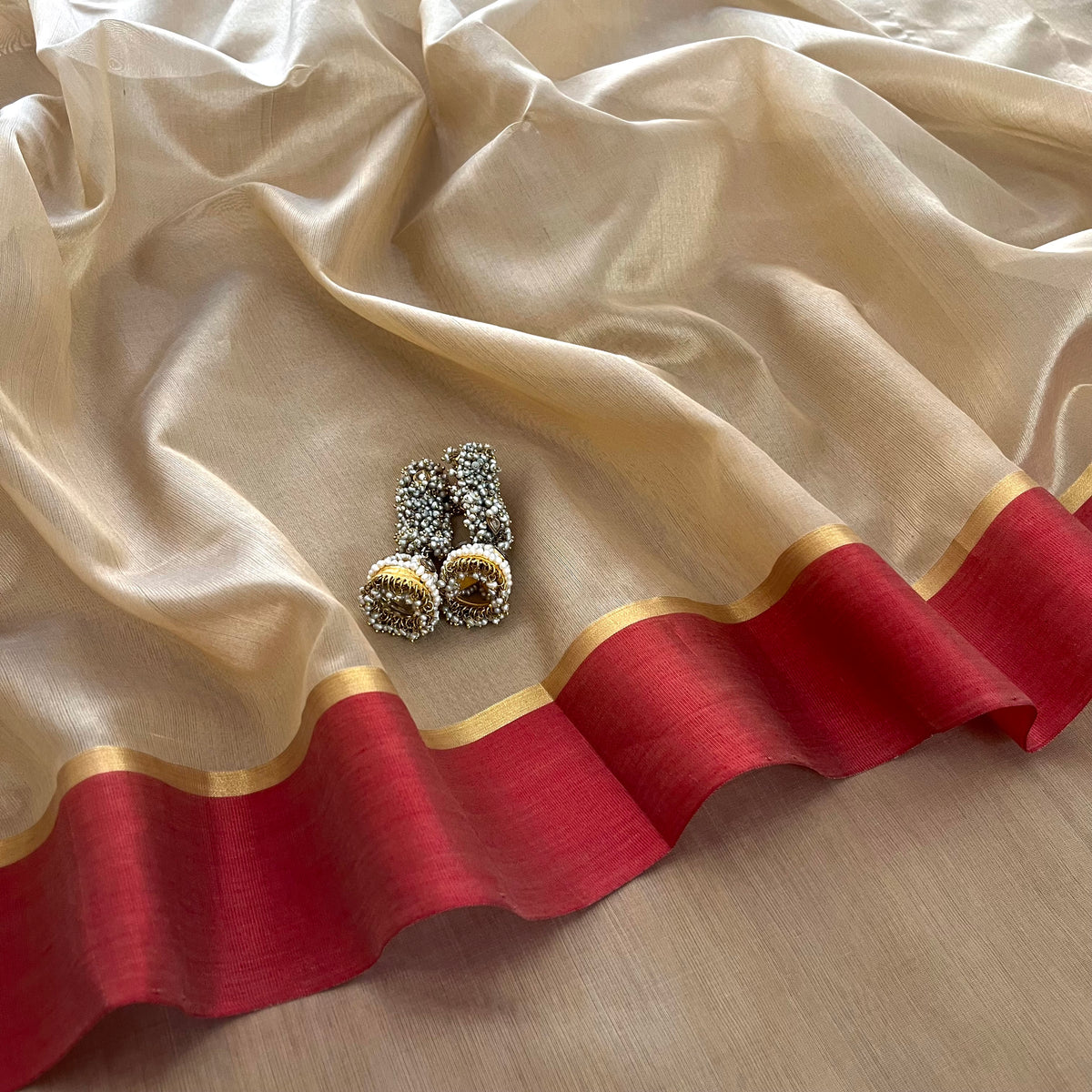 Beige & Red Chanderi Silk Saree with Zari Lines on Pallu
