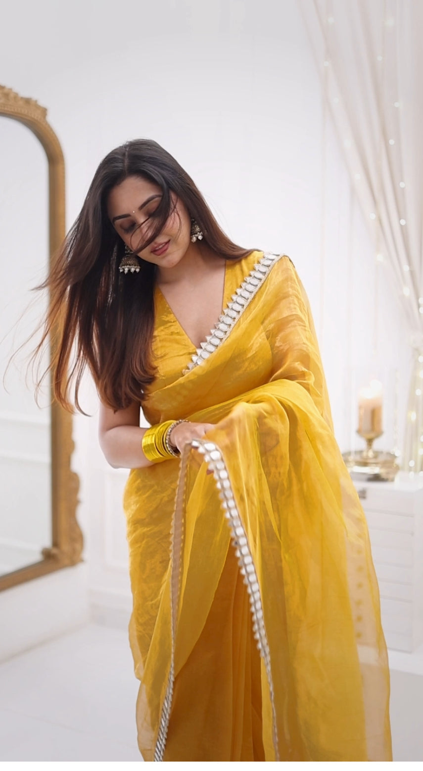 Molten amber gold chanderi tissue silk saree with mirror work border