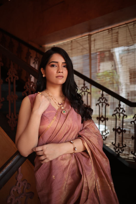 Rose and gold maheshwari tissue silk saree with zari bootis all over