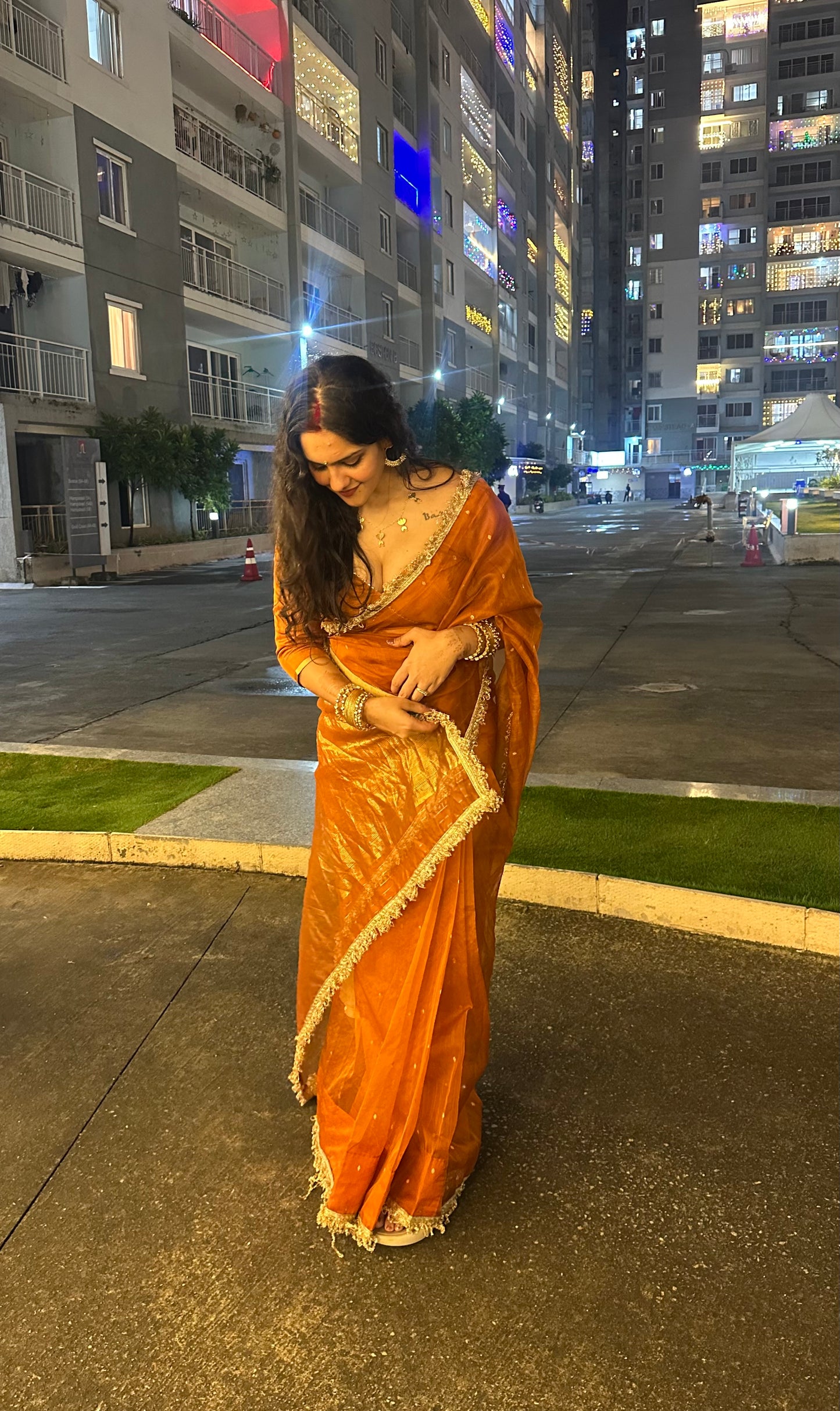 Burnt Orange Chanderi Silk Saree with Zari Bootis all over