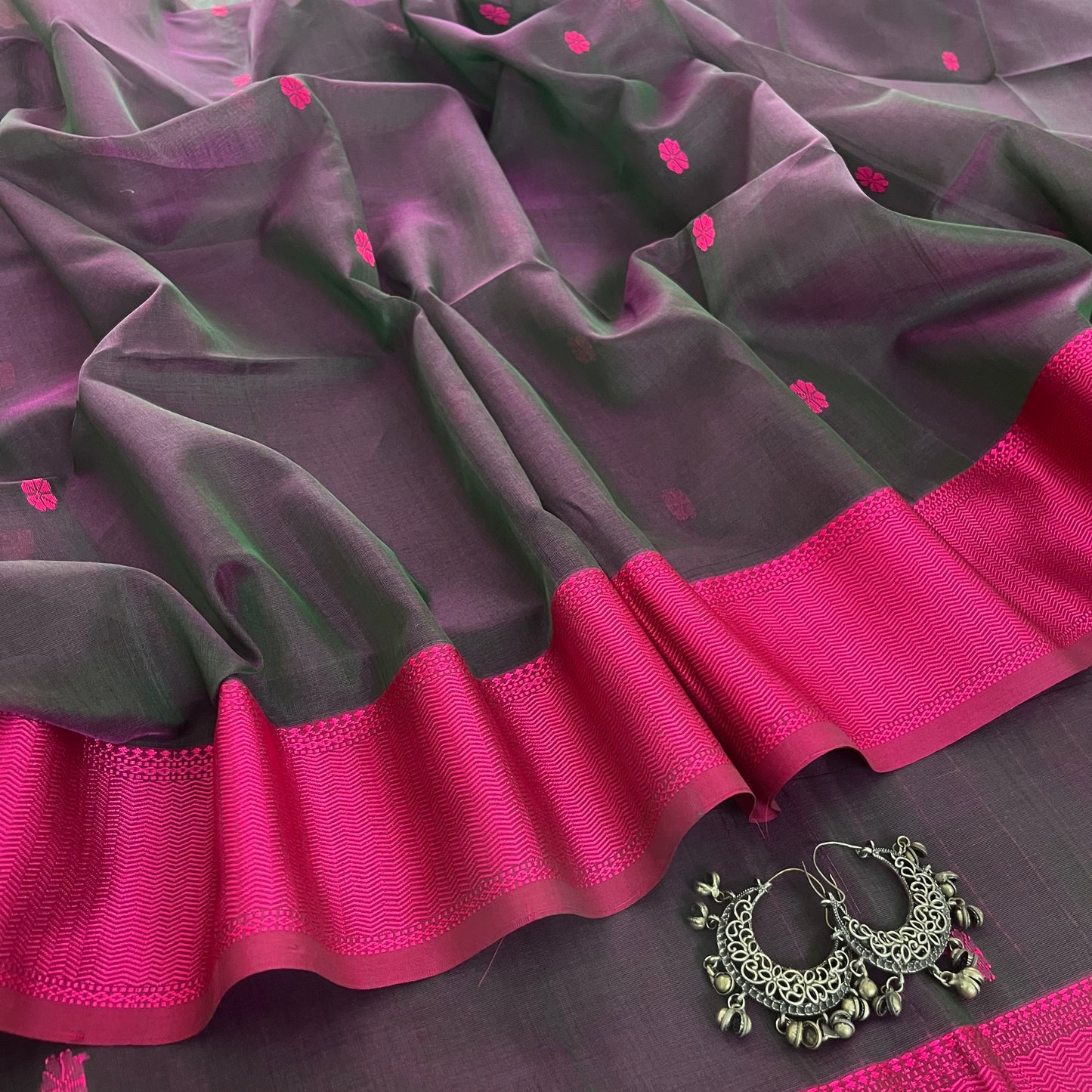 Dark grey and pink Maheshwari saree resham bootis all over