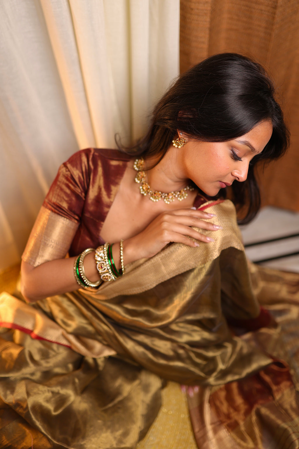 Ready to wear | Antique Gold & Red Maheshwari Tissue Silk Saree with Zari Pattern on Pallu