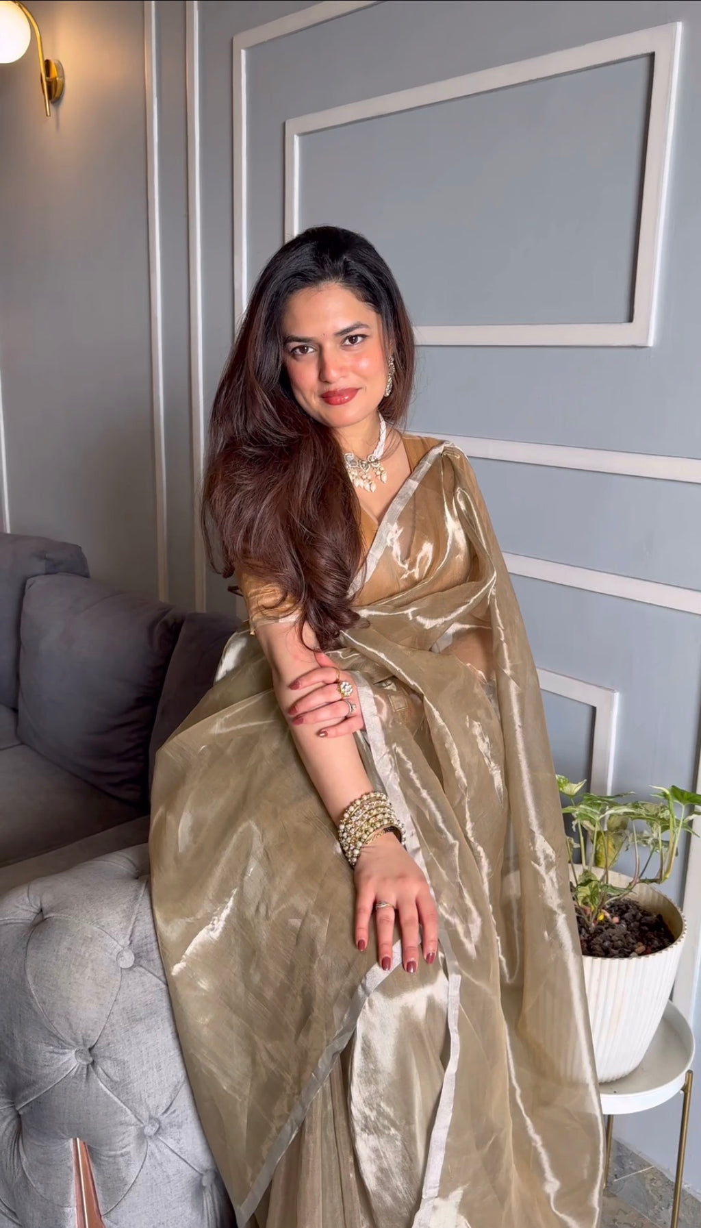Champagne Chanderi tissue silk saree with silver zari border