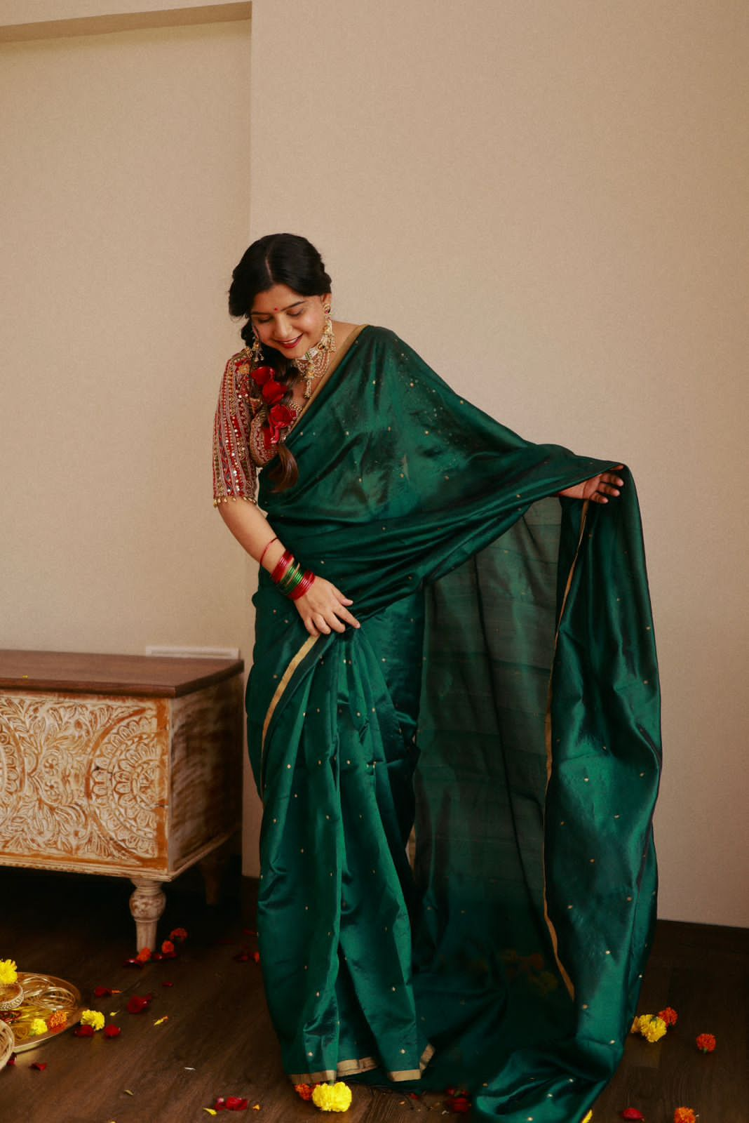 Dark Green Chanderi Silk Saree with Zari Bootis all over