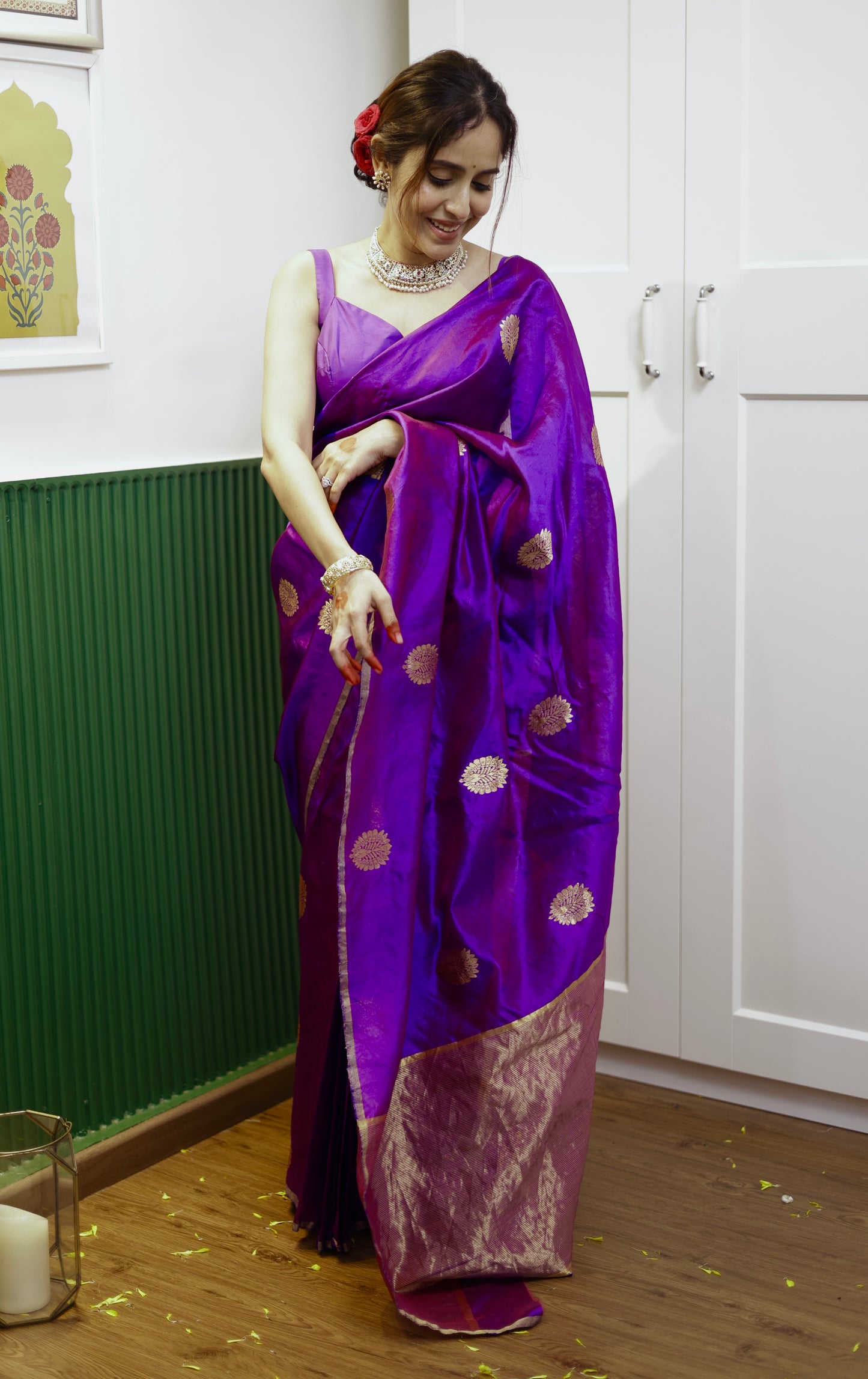 Violet dual tone chanderi silk saree with mor-motifs all over