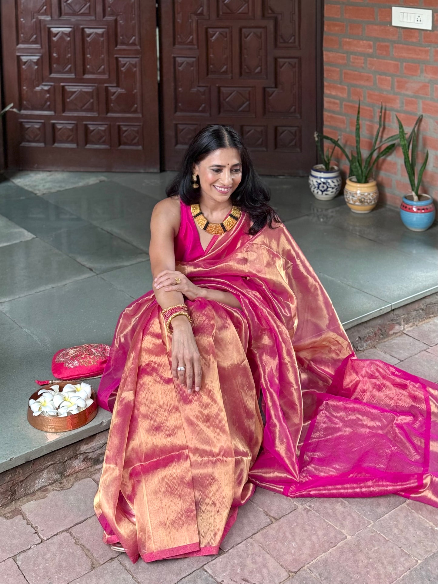 Pink and gold chanderi tissue silk saree