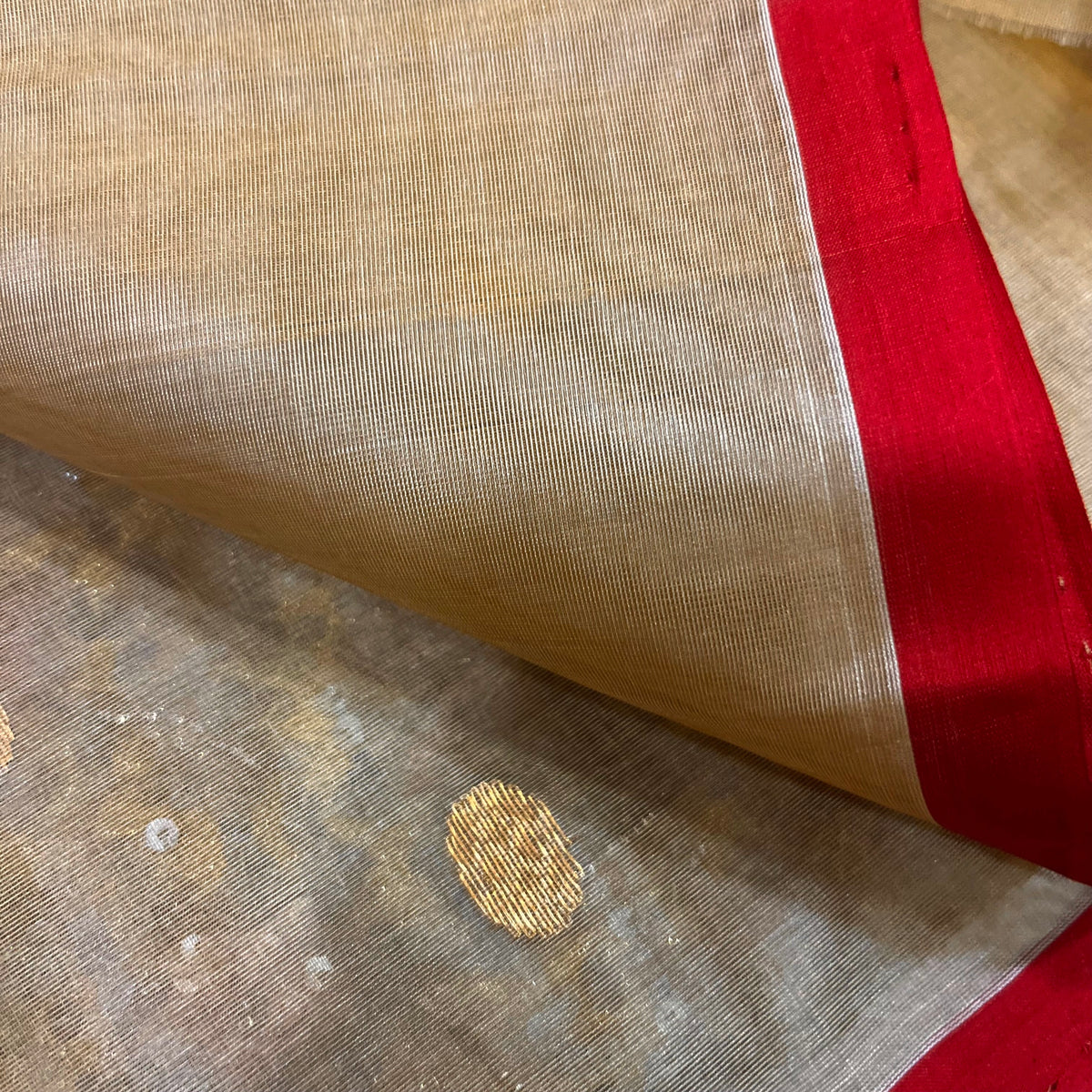 Beige gold and red Chanderi silk saree with zari bootis all over
