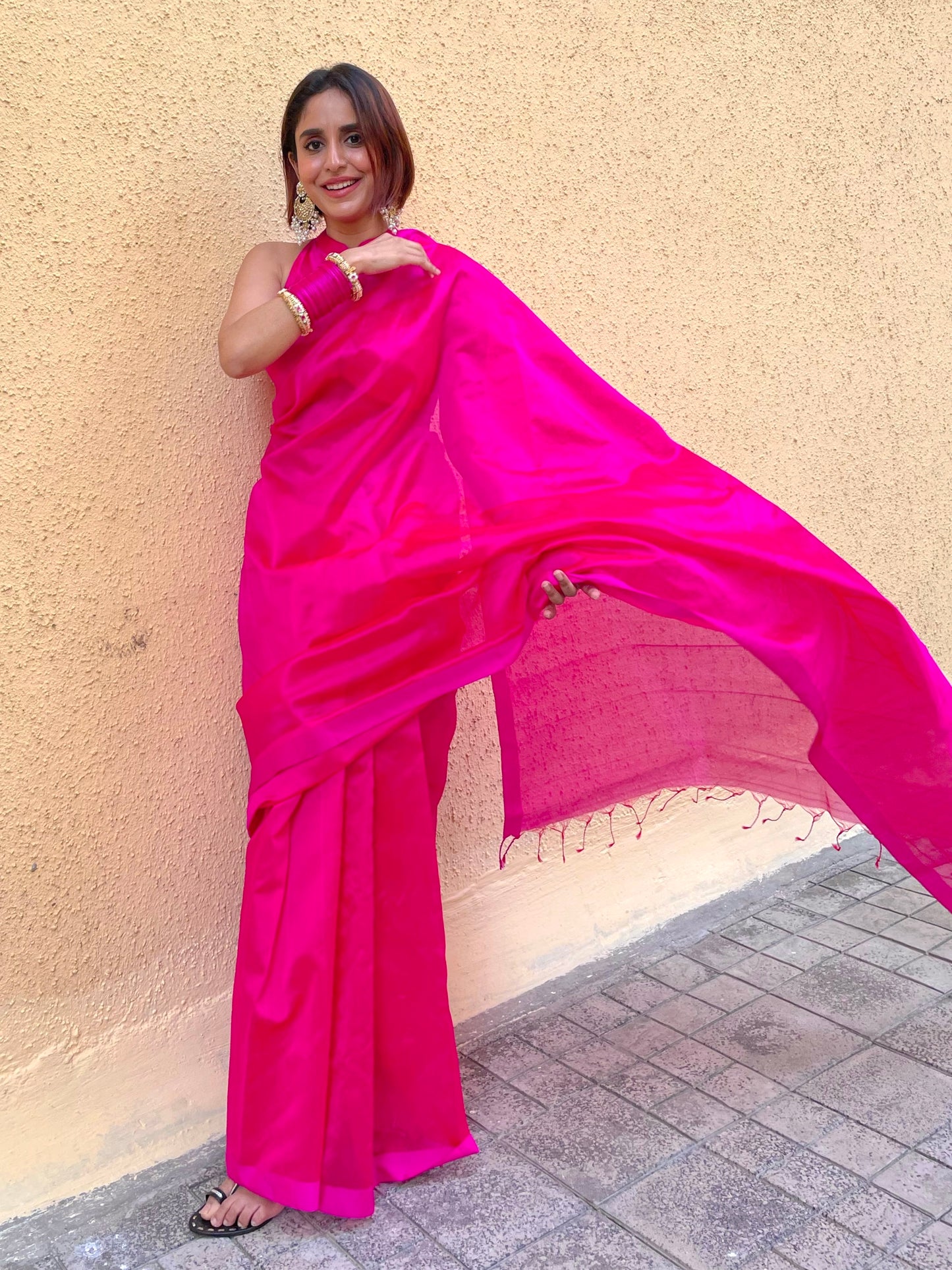 Hot pink chanderi silk saree with silk border