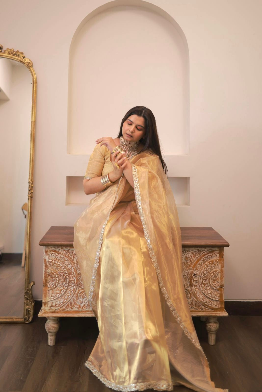 Molten gold chanderi tissue silk saree with intricate work border