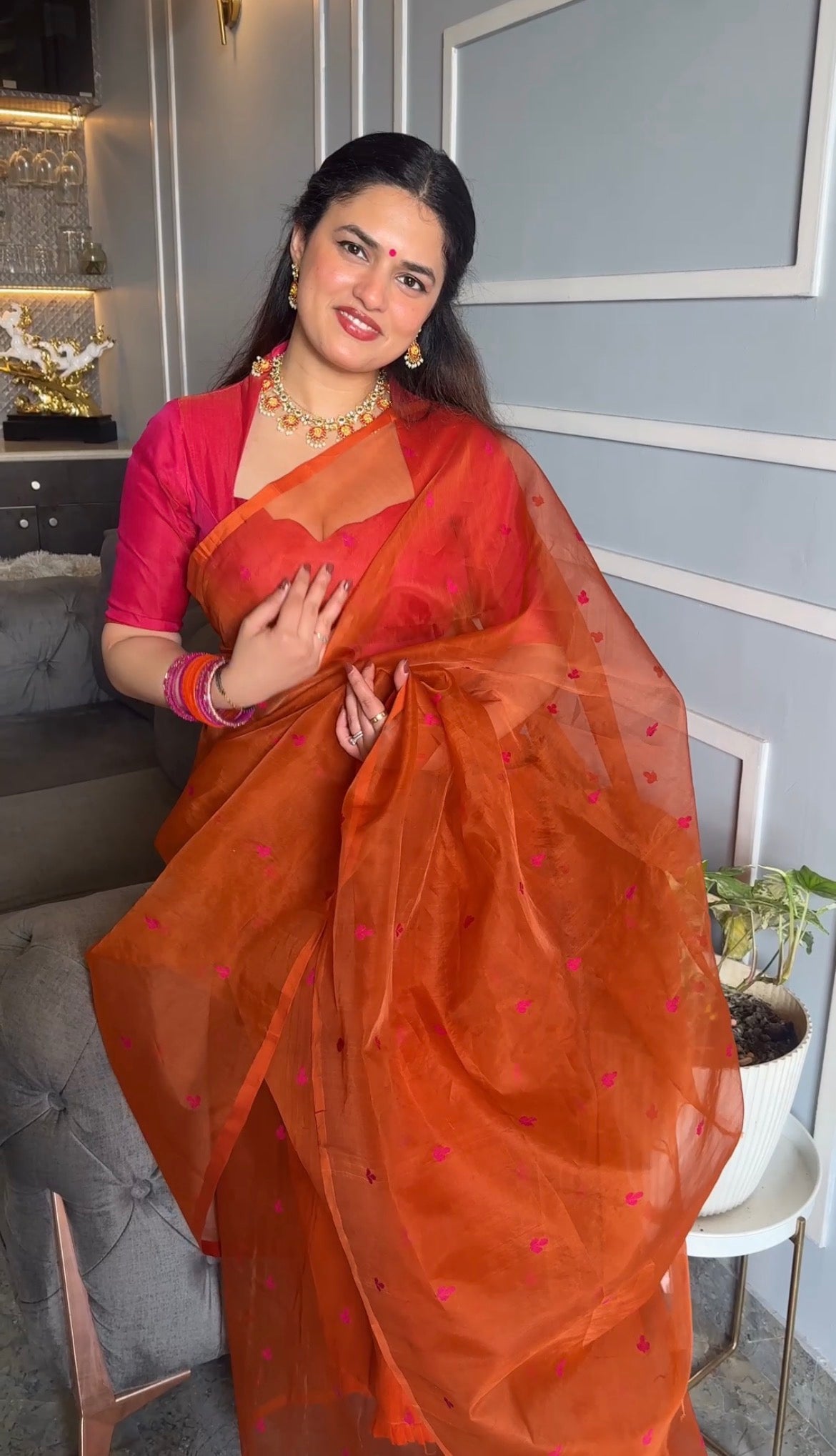Burnt orange and pink Chanderi silk saree with resham bootis all over