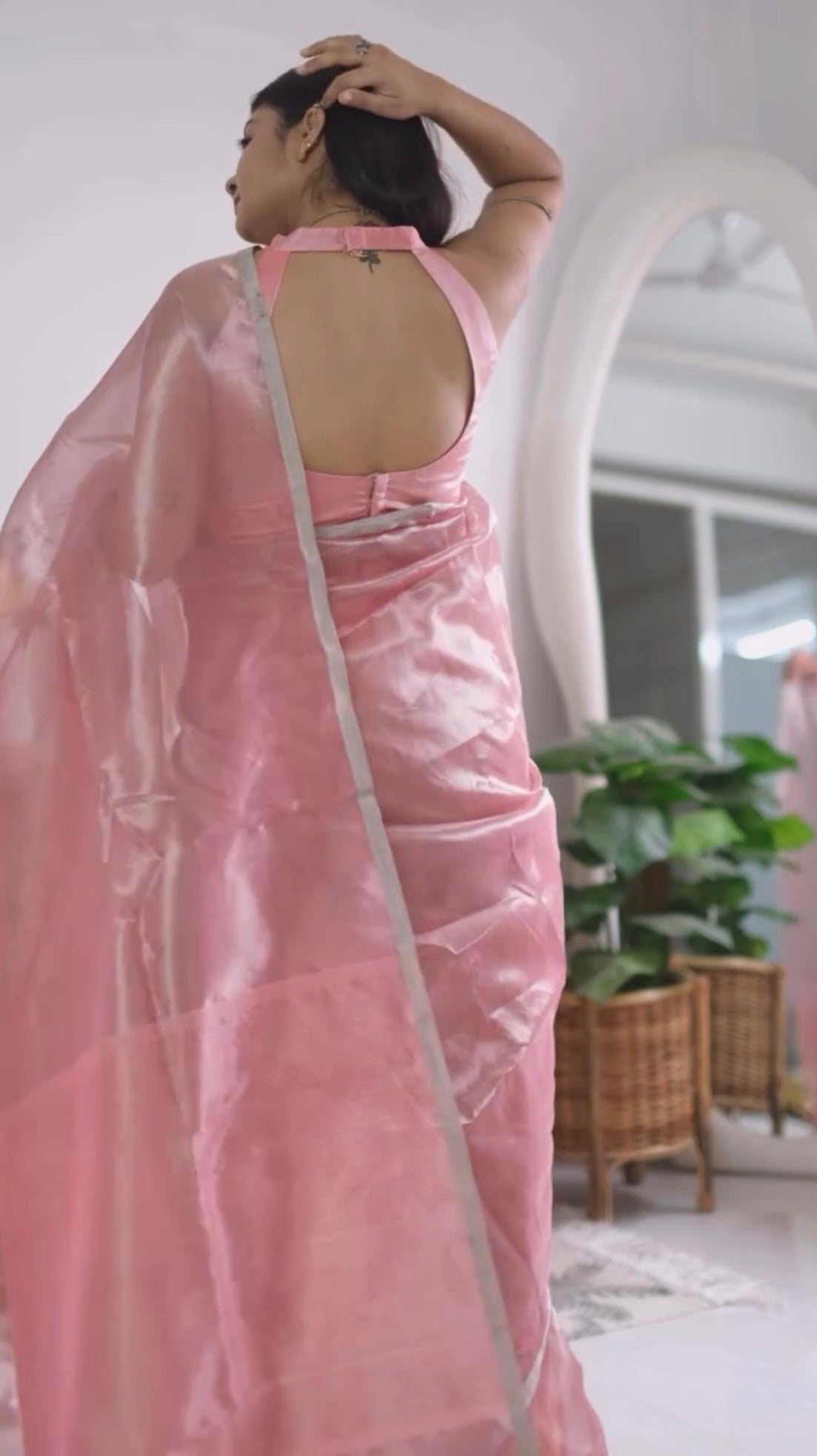 Flamingo pink Chanderi tissue silk saree