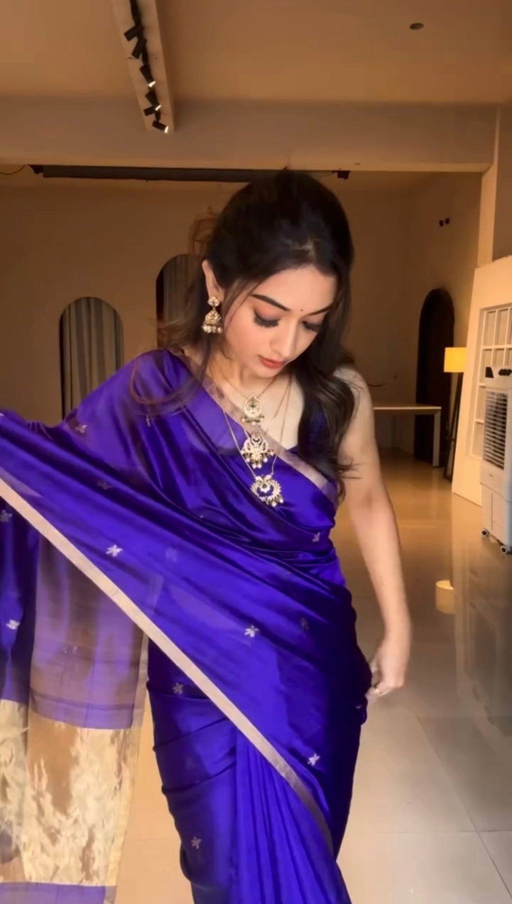 Dark Purple Chanderi Silk Saree with Flower Bootis, ready-to-wear edition