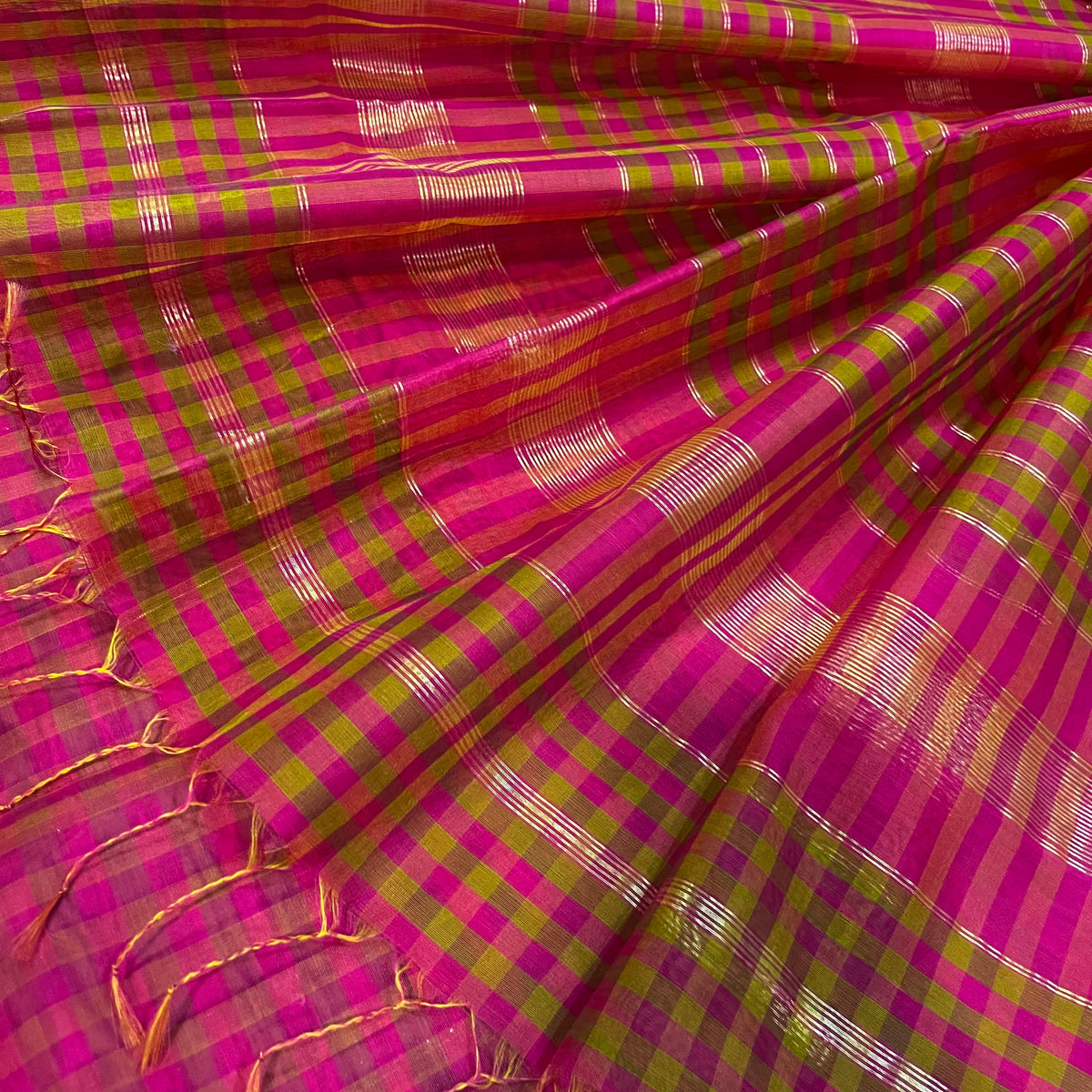 Pink and Olive Maheshwari checkered saree with zari border