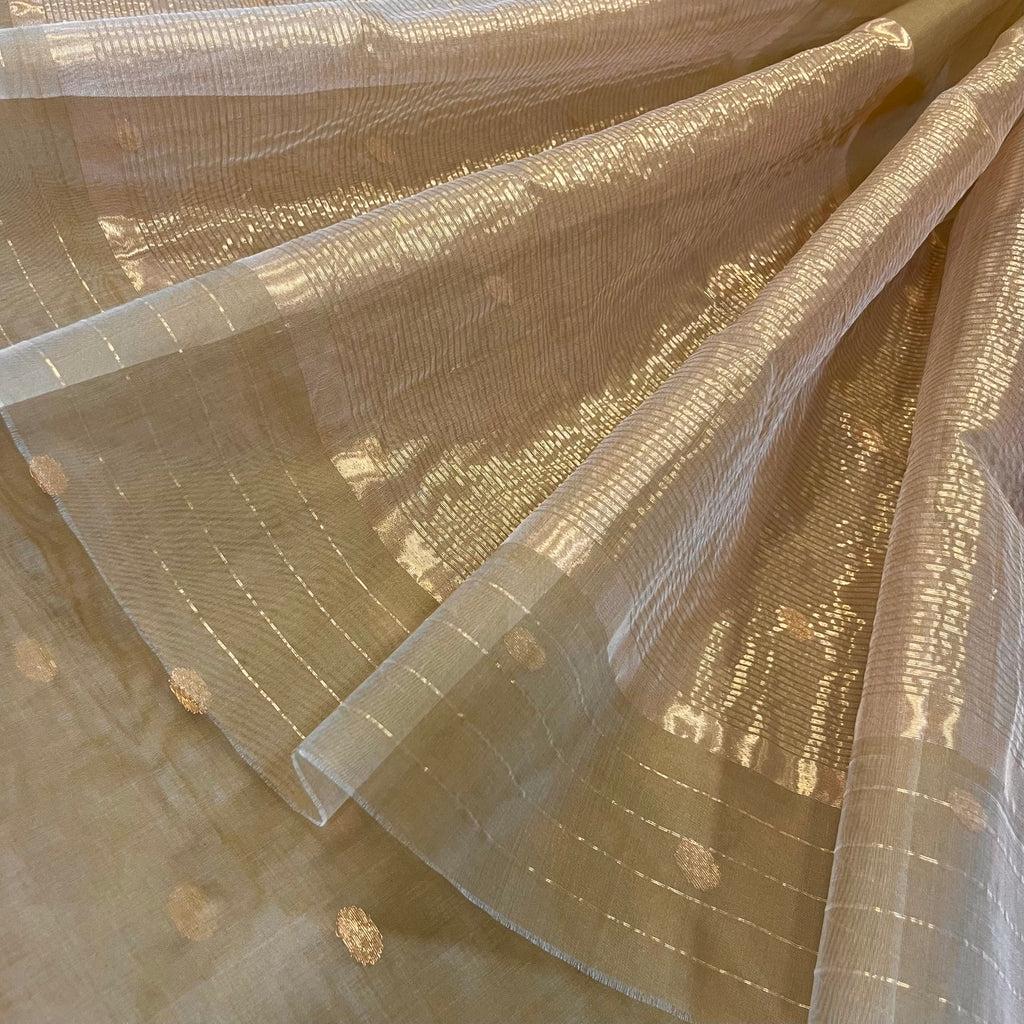 Beige gold and red Chanderi silk saree with zari bootis all over