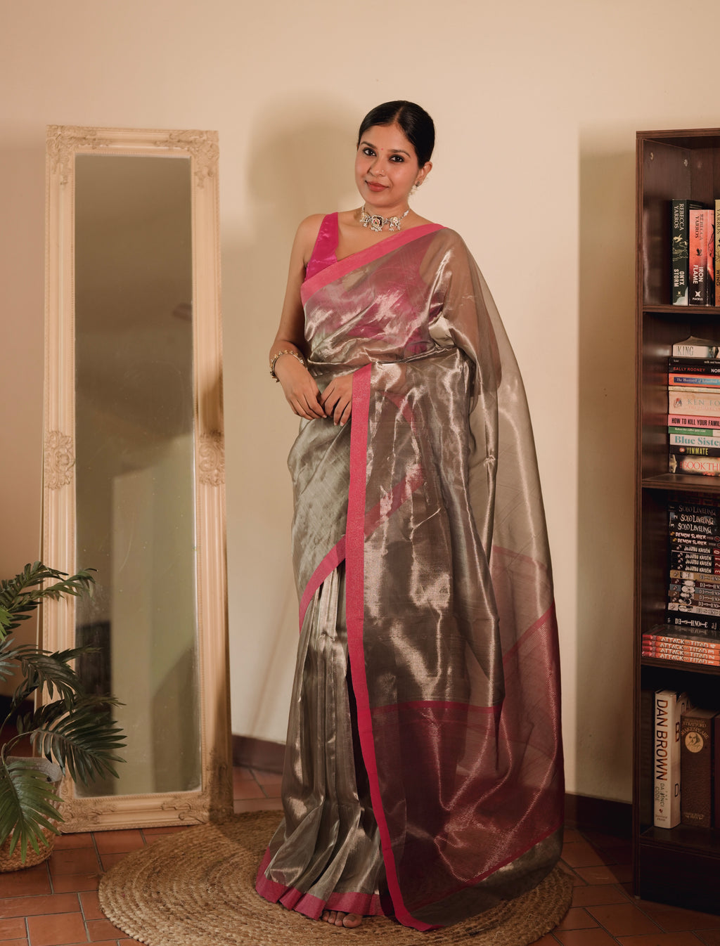 Silver grey and pink Chanderi tissue silk saree with zari lines on pallu