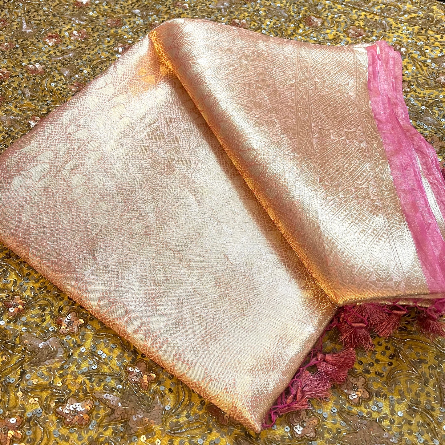 Rose and Gold banarasi brocade silk saree with zari pattern all over