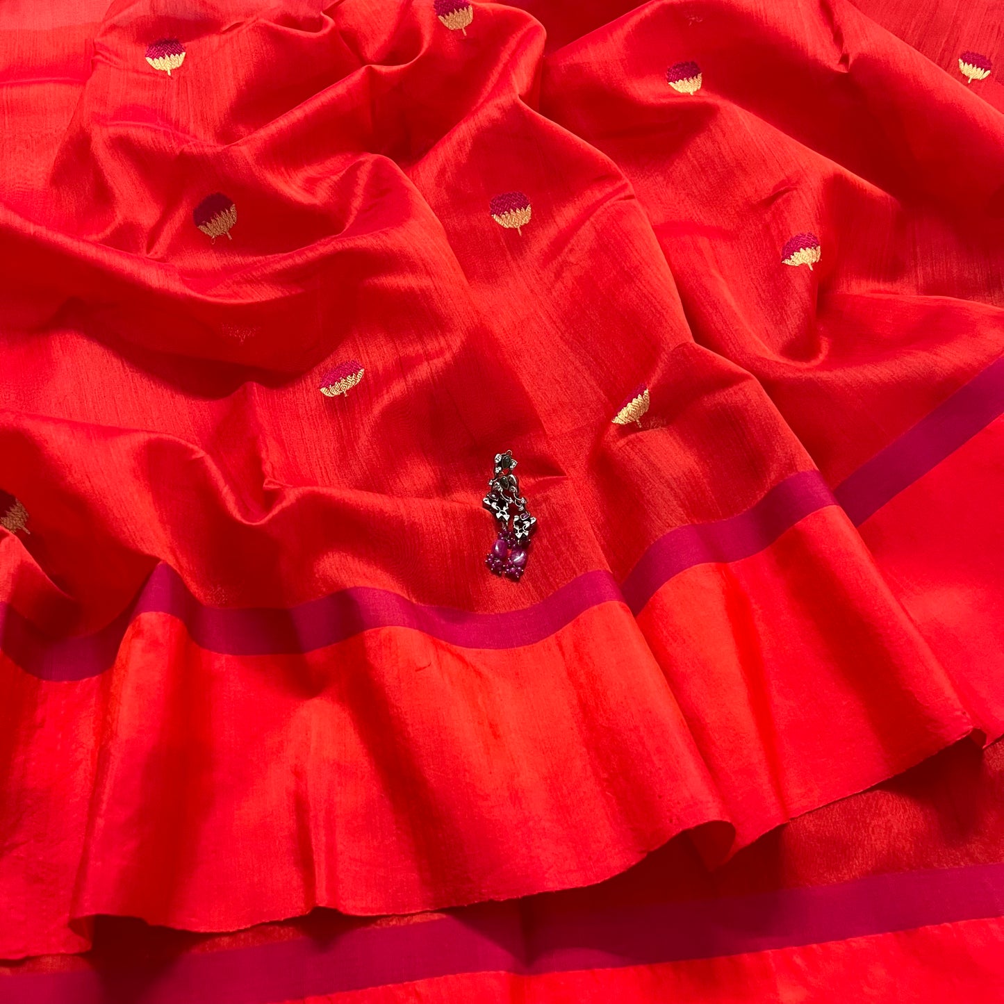 Tomato red and pink chanderi saree with silk border