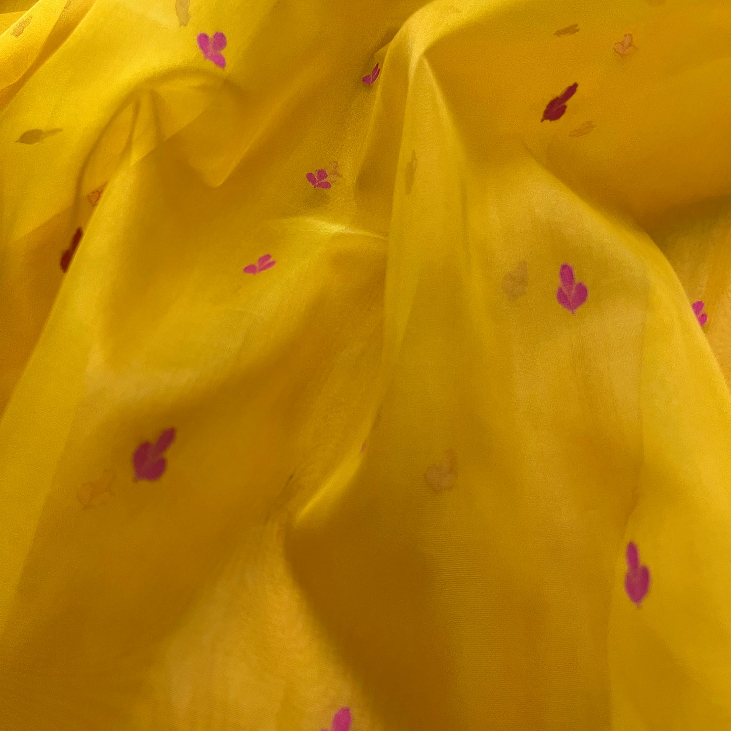 Mustard and pink Chanderi silk saree with resham bootis all over