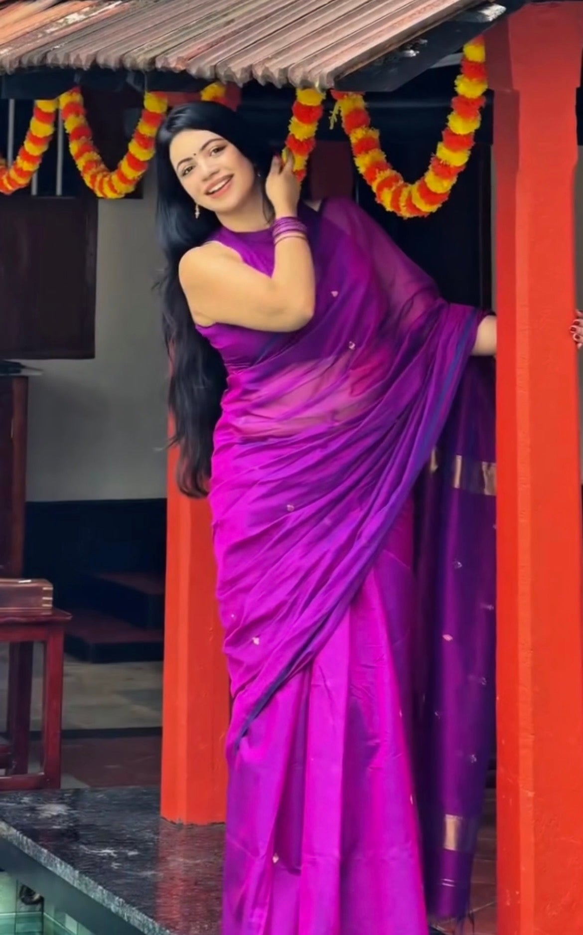 Violet dual tone Maheshwari saree with zari bootis all over