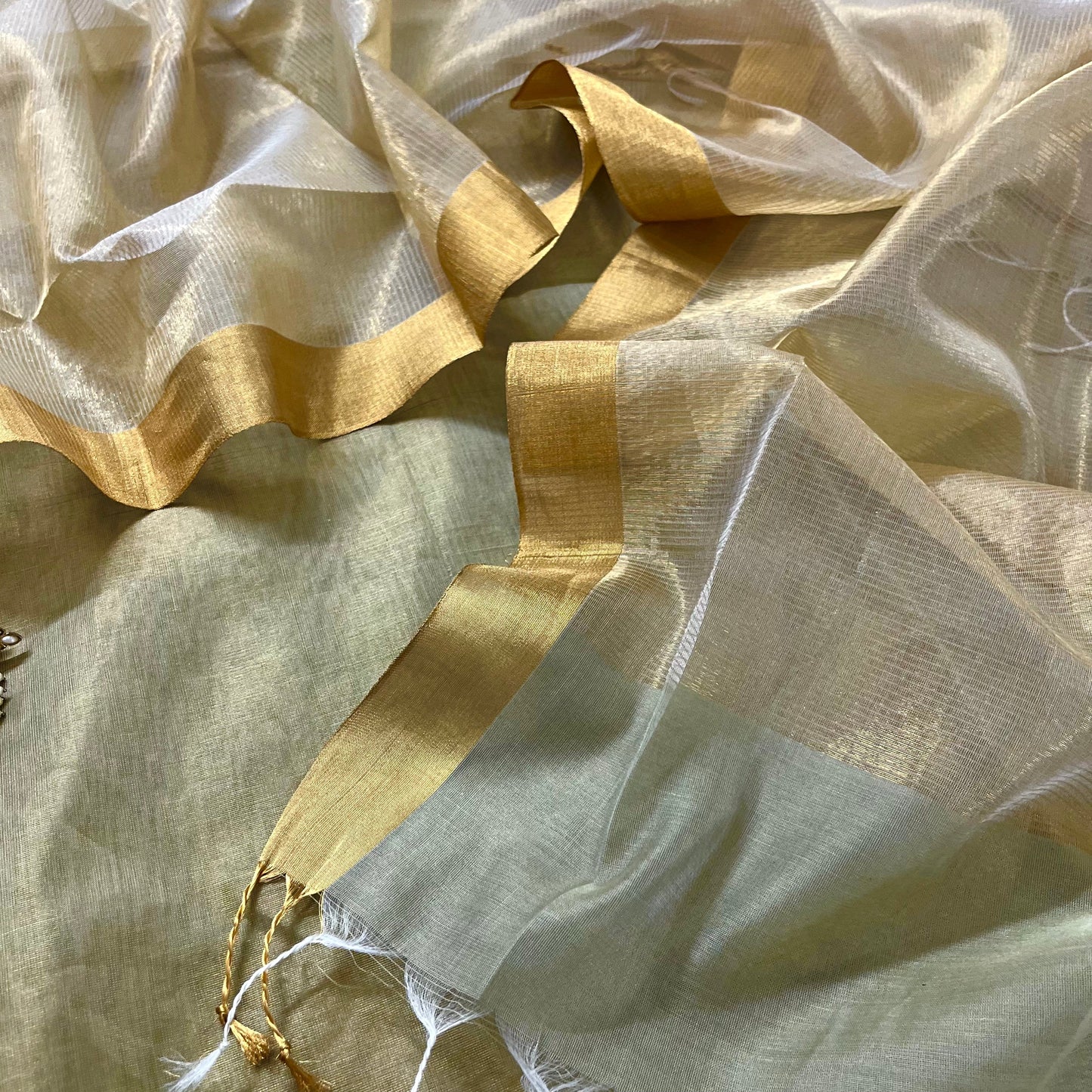 Olive Gold Maheshwari Tissue Silk Suit with Zari Lines on Dupatta