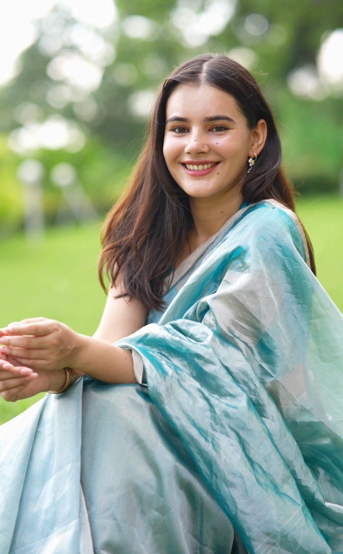 Baby blue and silver Chanderi tissue silk saree saree with zari lines on pallu