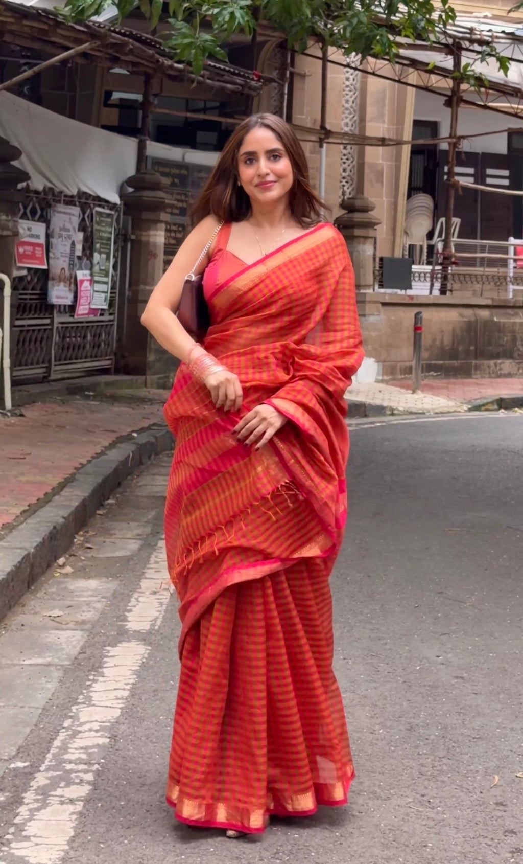 Pink and Olive Maheshwari checkered saree with zari border