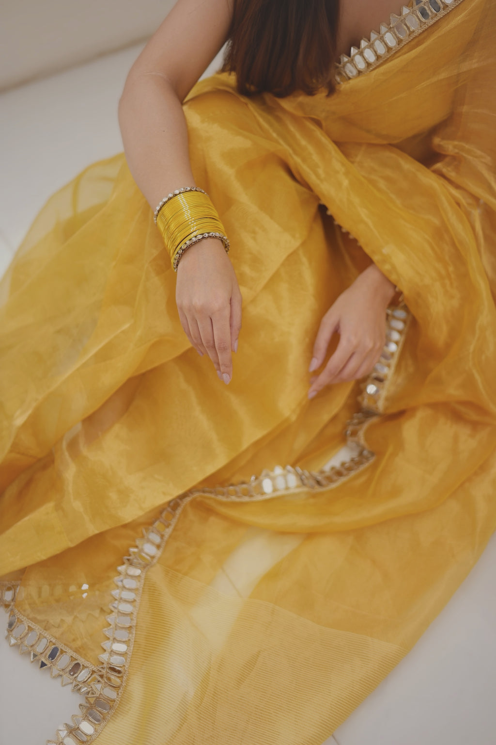 Molten amber gold chanderi tissue silk saree with mirror work border