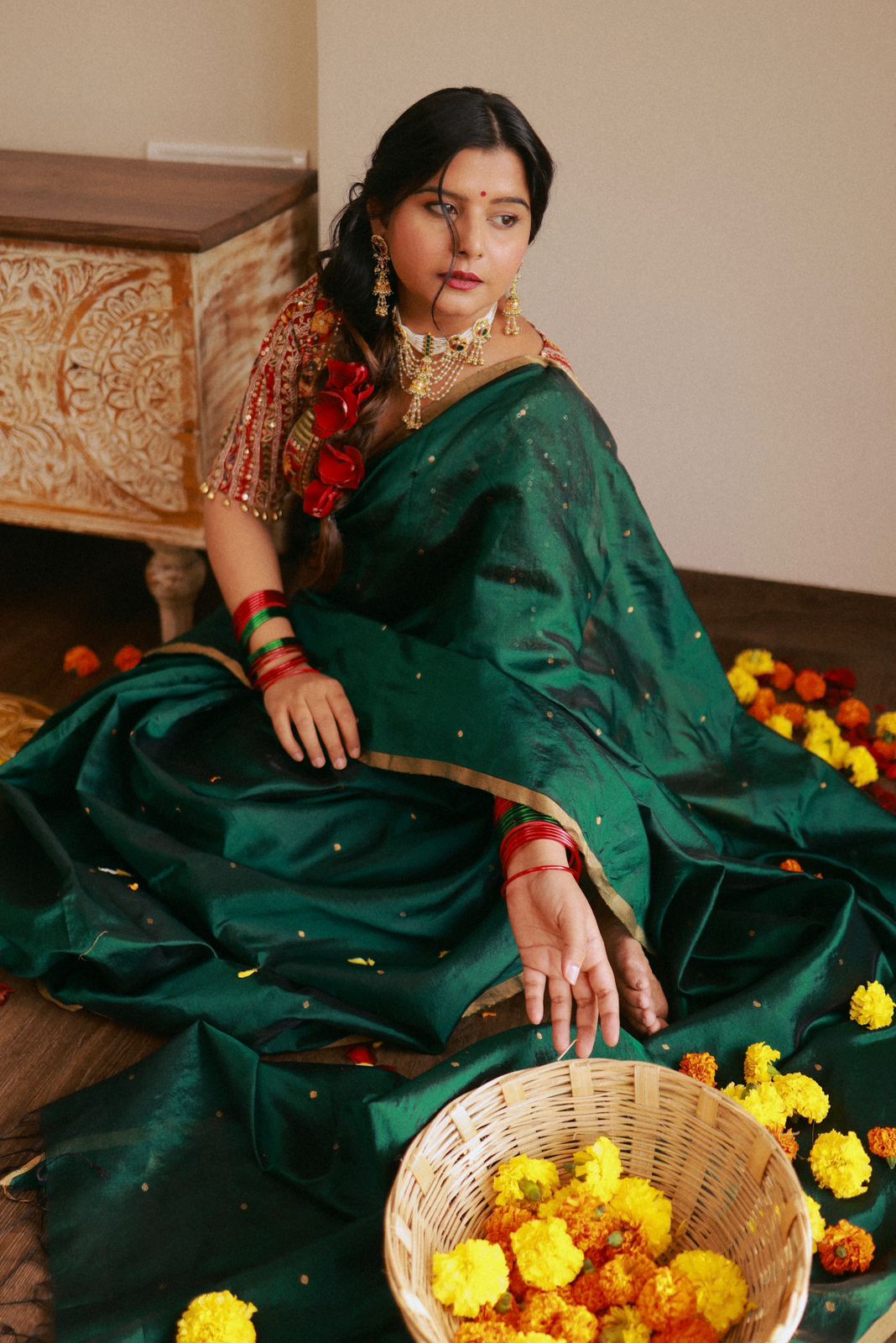 Dark Green Chanderi Silk Saree with Zari Bootis all over