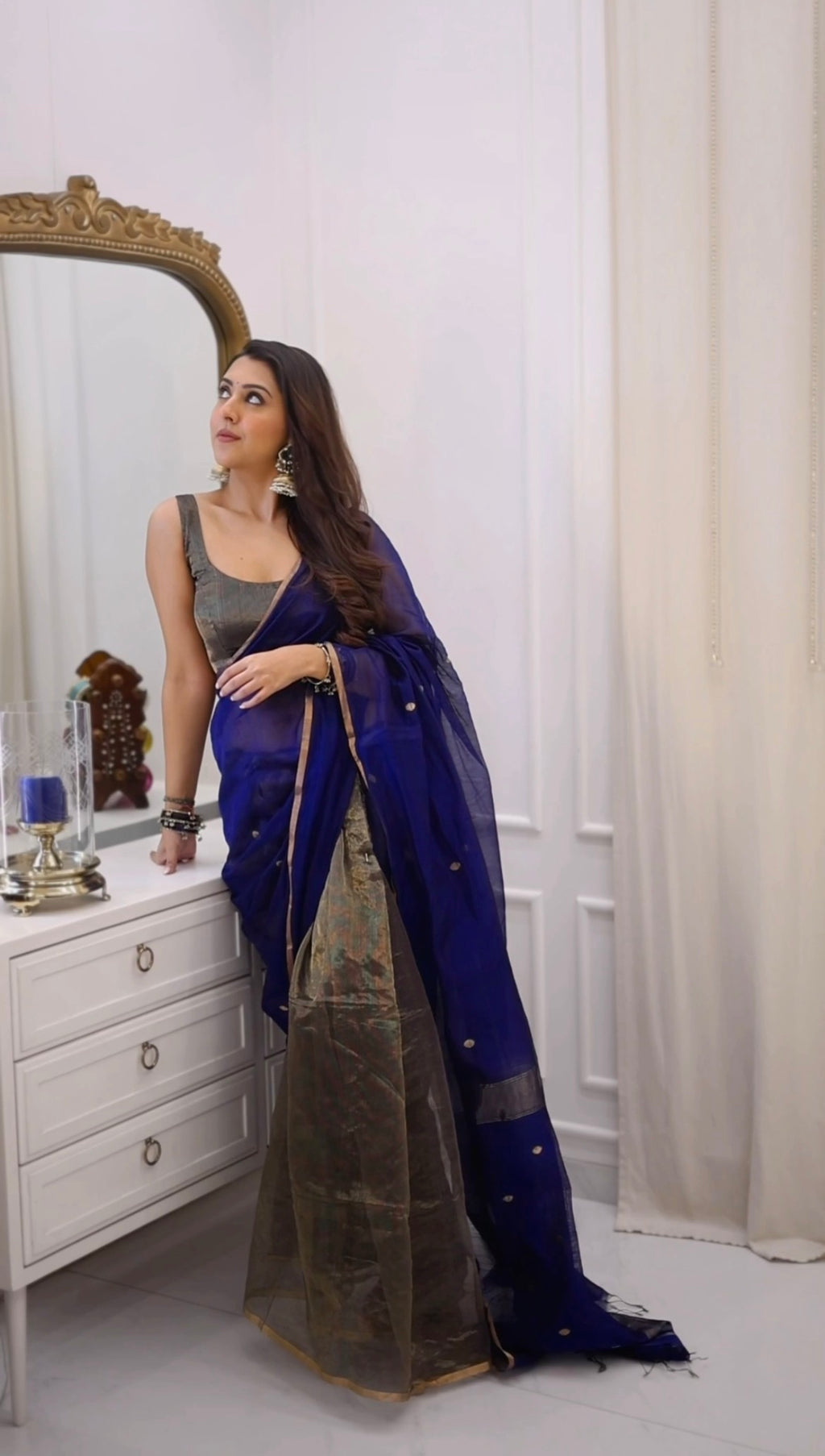 Ready to wear | Dark Blue Maheshwari Saree with Zari Bootis & Zari Lines