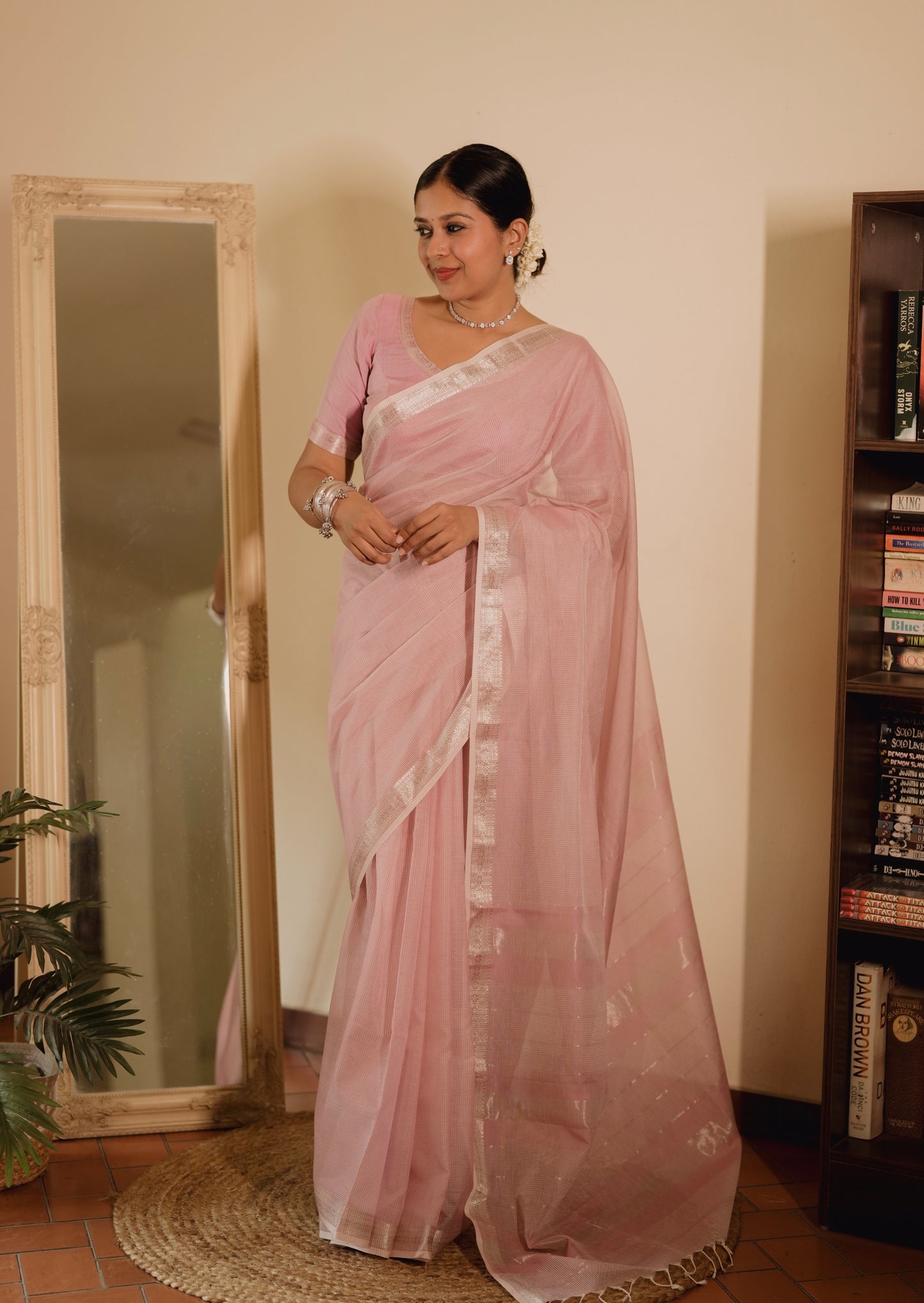 Baby pink Maheshwari saree with checks all over