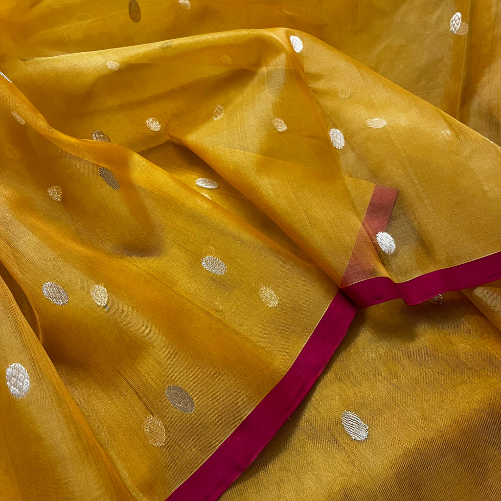 Mustard red Chanderi silk saree with zari bootis all over