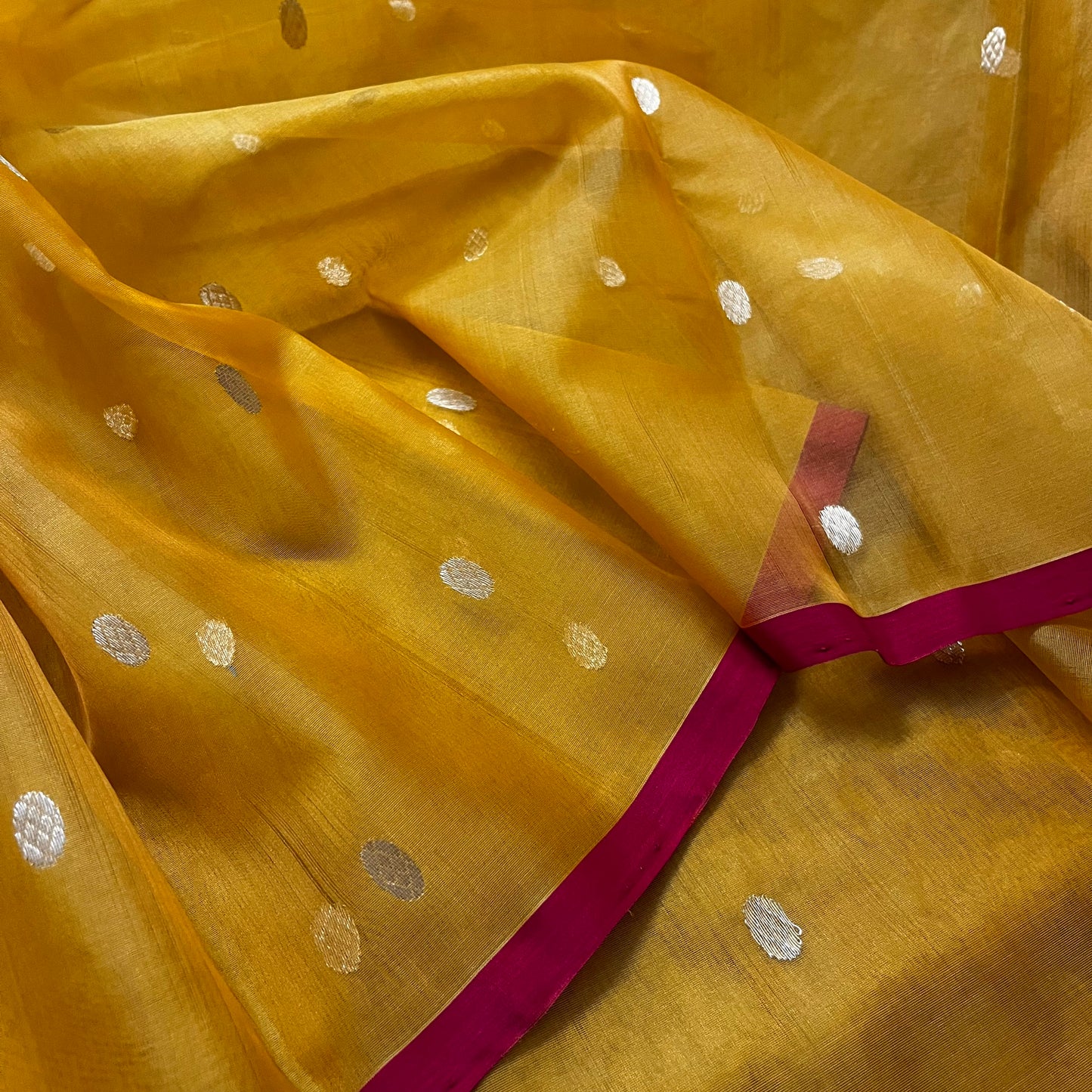 Mustard red Chanderi silk saree with zari bootis all over