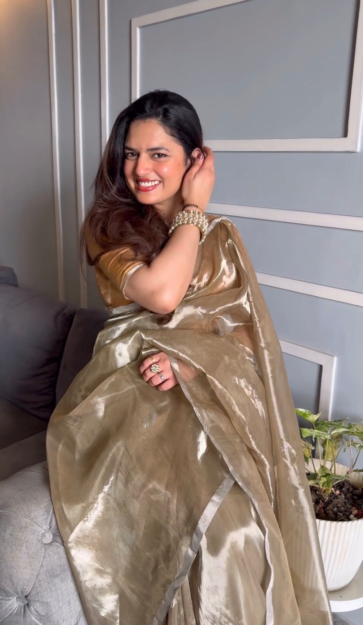 Champagne Chanderi tissue silk saree with silver zari border