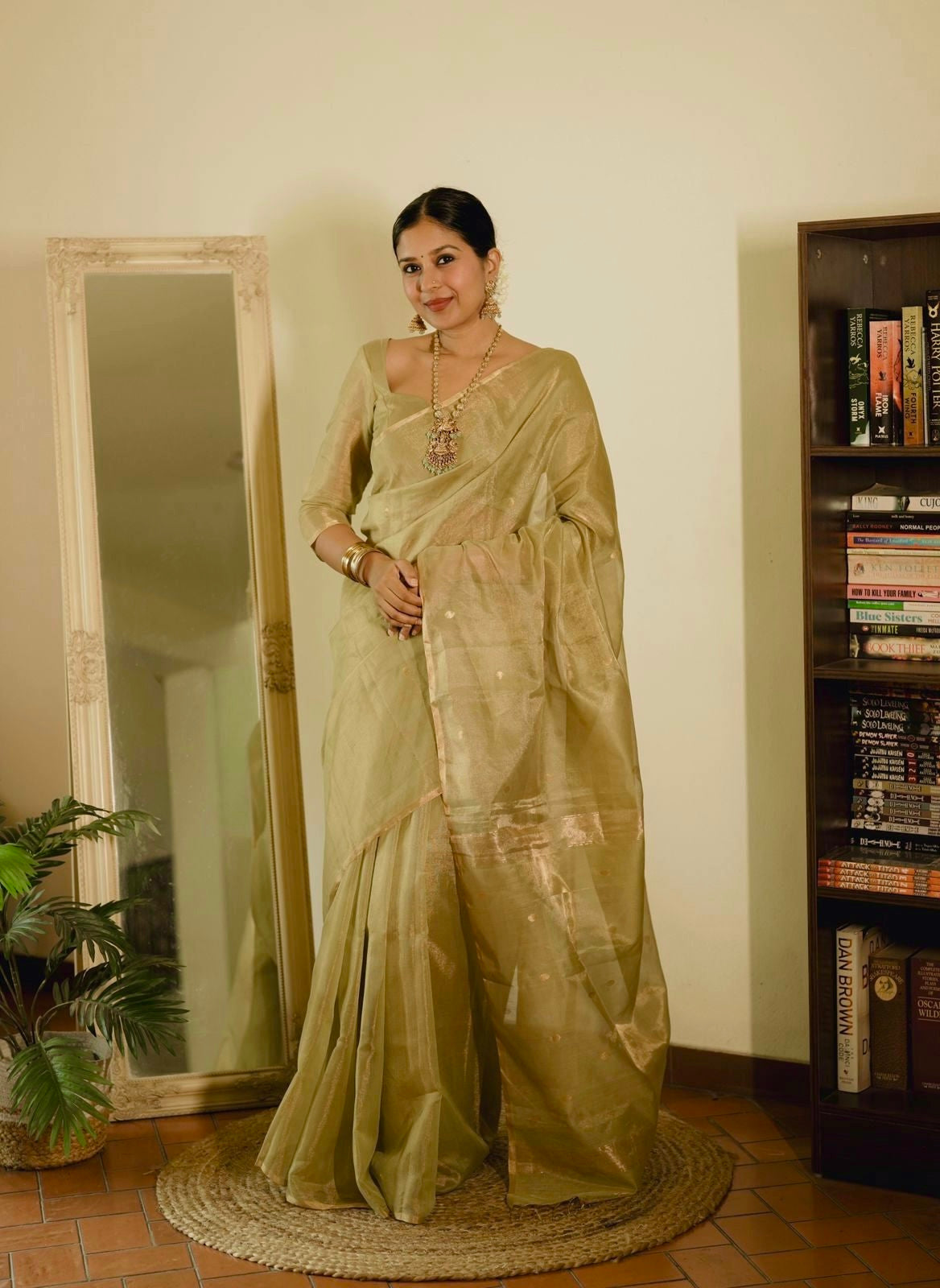 Olive gold Maheshwari tissue silk saree with zari bootis all over