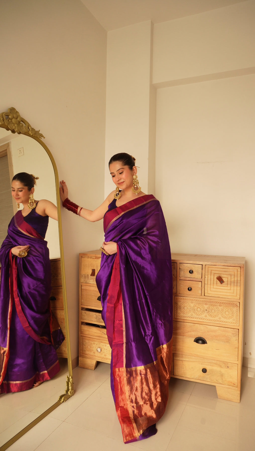 Ready to wear | Dark Purple Plum Chanderi silk saree with zari lines on pallu