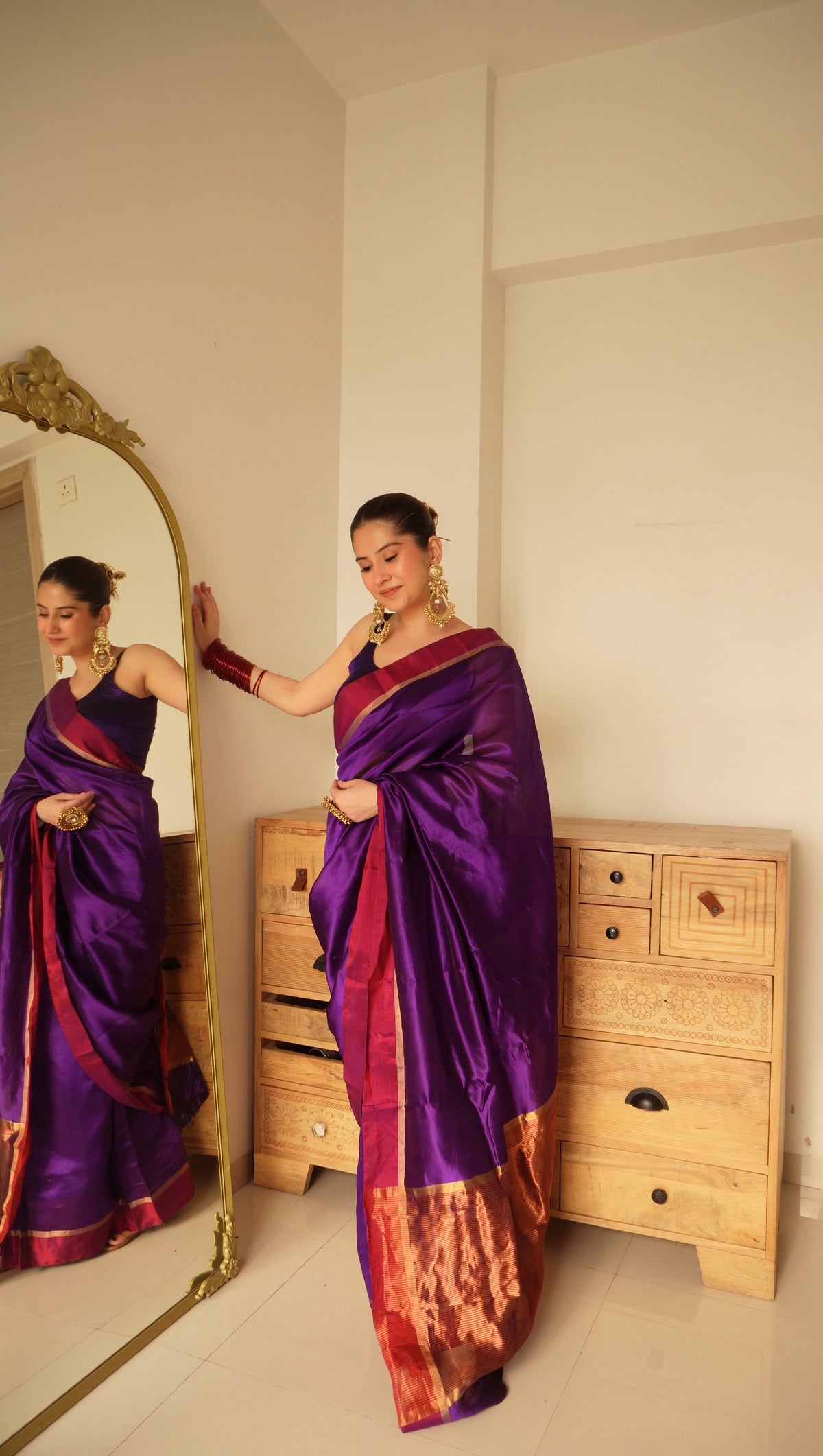 Ready to wear | Dark Purple Plum Chanderi silk saree with zari lines on pallu