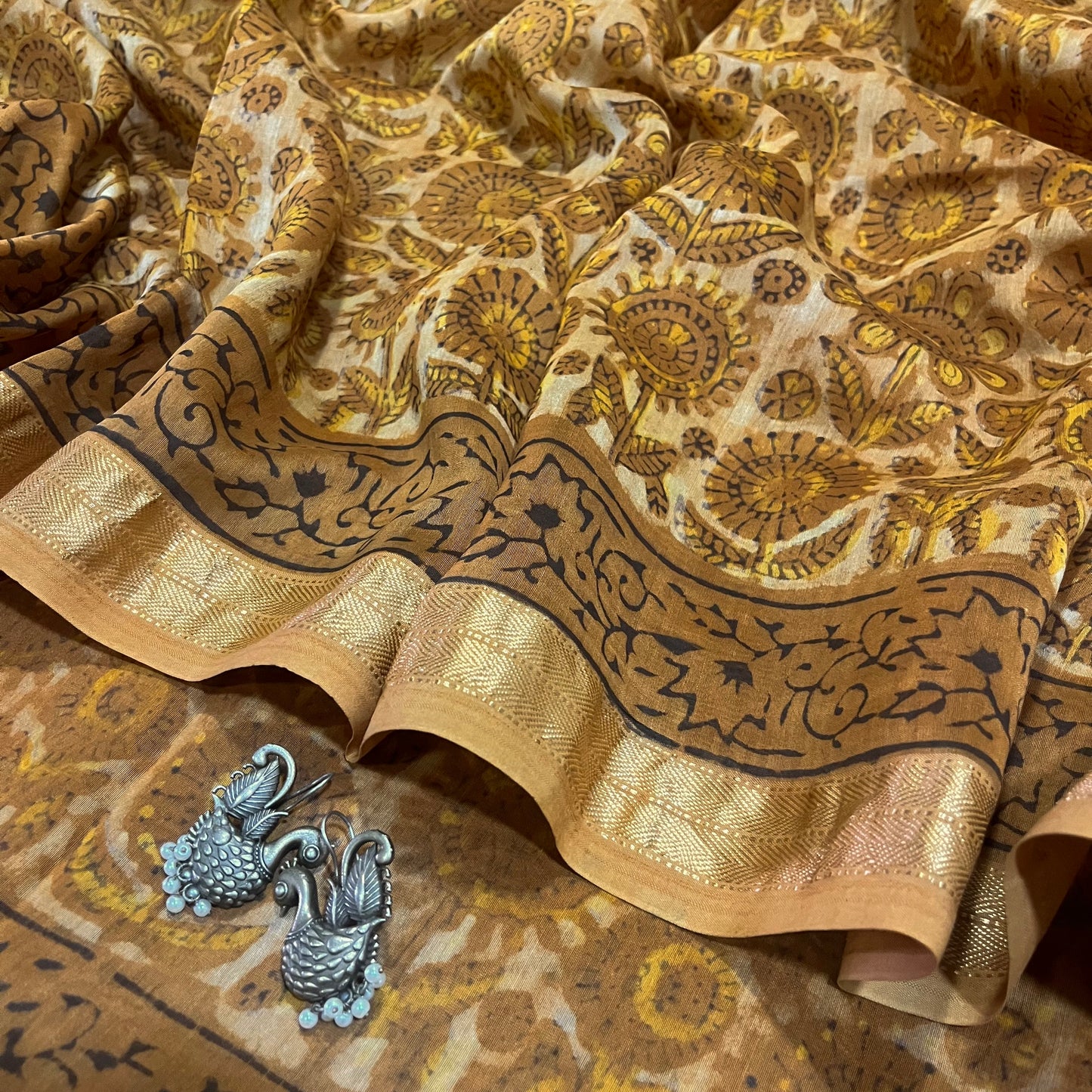 Mustard Maheshwari saree with ajrakh print all over